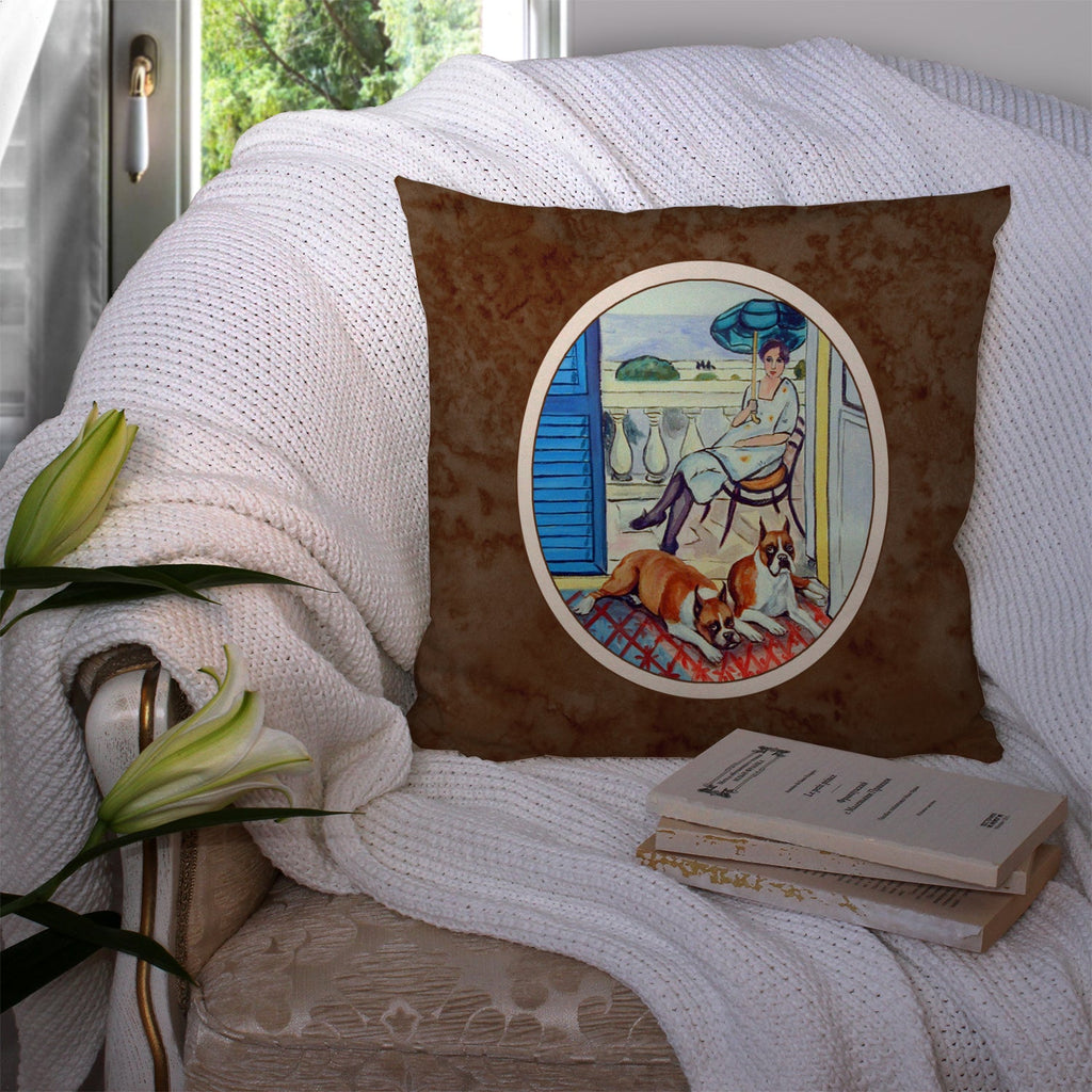 Lady with her Boxer Decorative Throw Pillow 14x14 Indoor Outdoor Accent Cushion, Fabric Cover with Insert for Sofa, Bed, Porch & Living Room