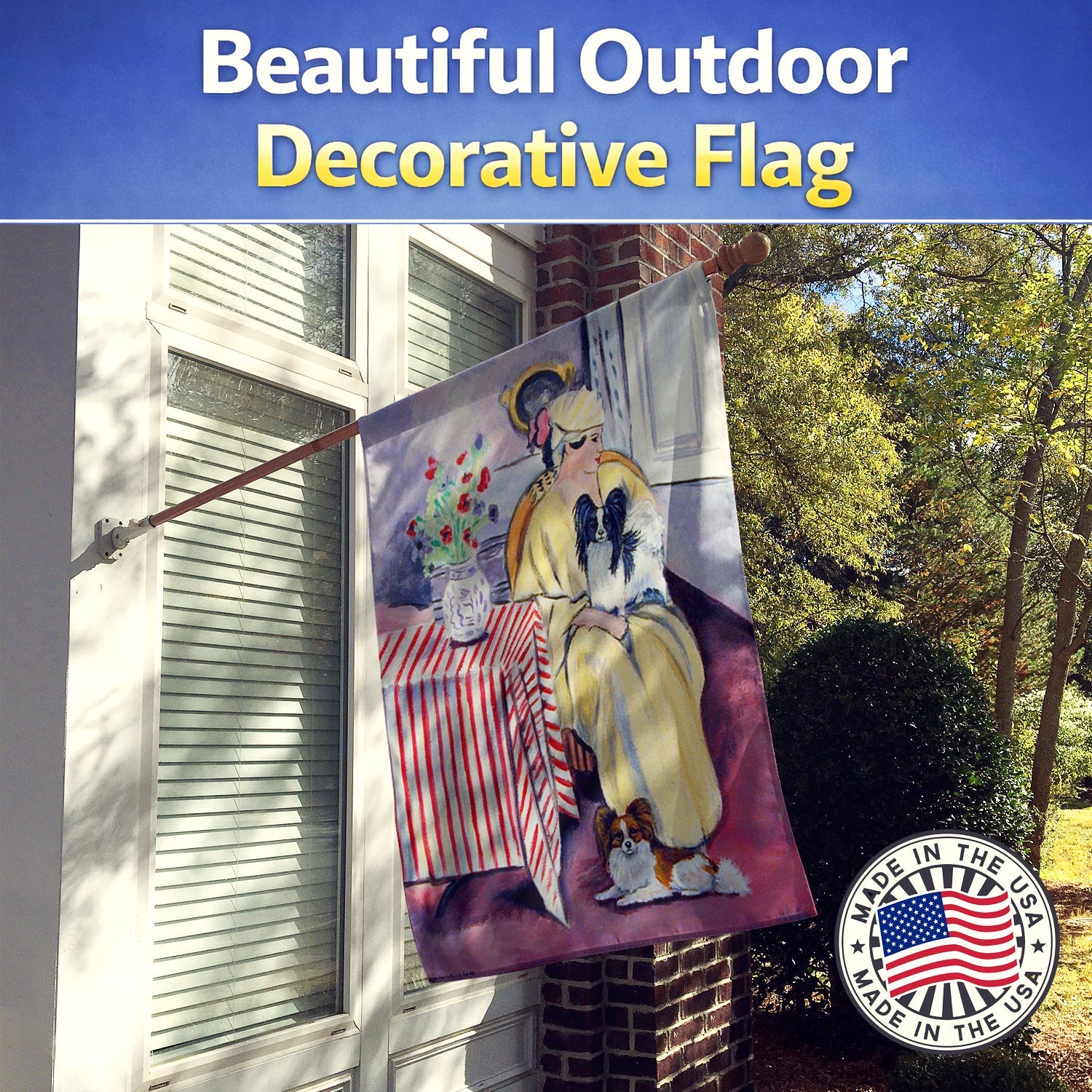 Lady with her Papillon House Flag 28x40 Porch Sleeve Pole Decorative Outside Yard Banner Artwork Wall Hanging, Polyester