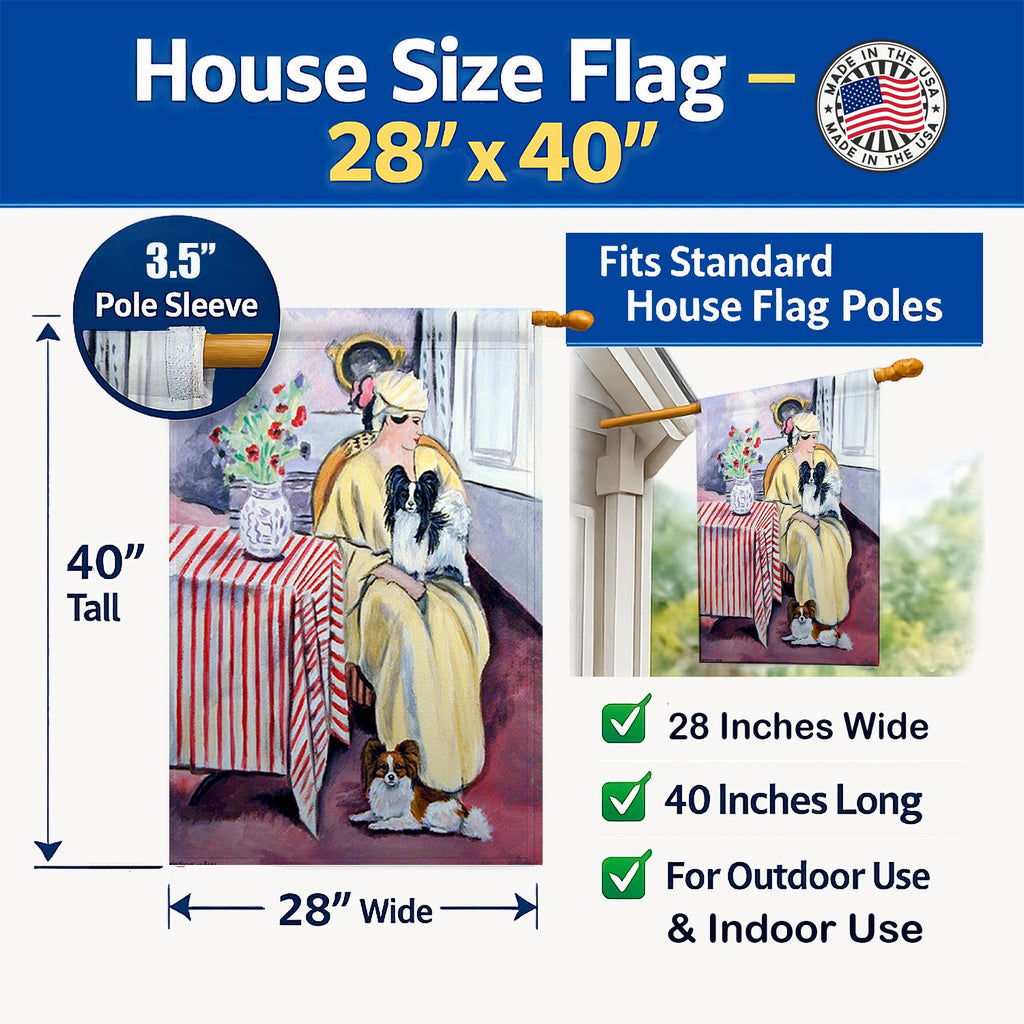 Lady with her Papillon House Flag 28x40 Porch Sleeve Pole Decorative Outside Yard Banner Artwork Wall Hanging, Polyester