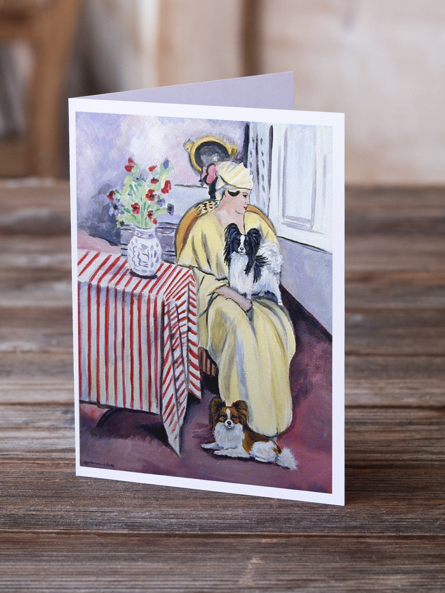 Lady with her Papillon Greeting Cards Pack of 8 Blank Cards with Envelopes Whimsical A7 Size 5x7