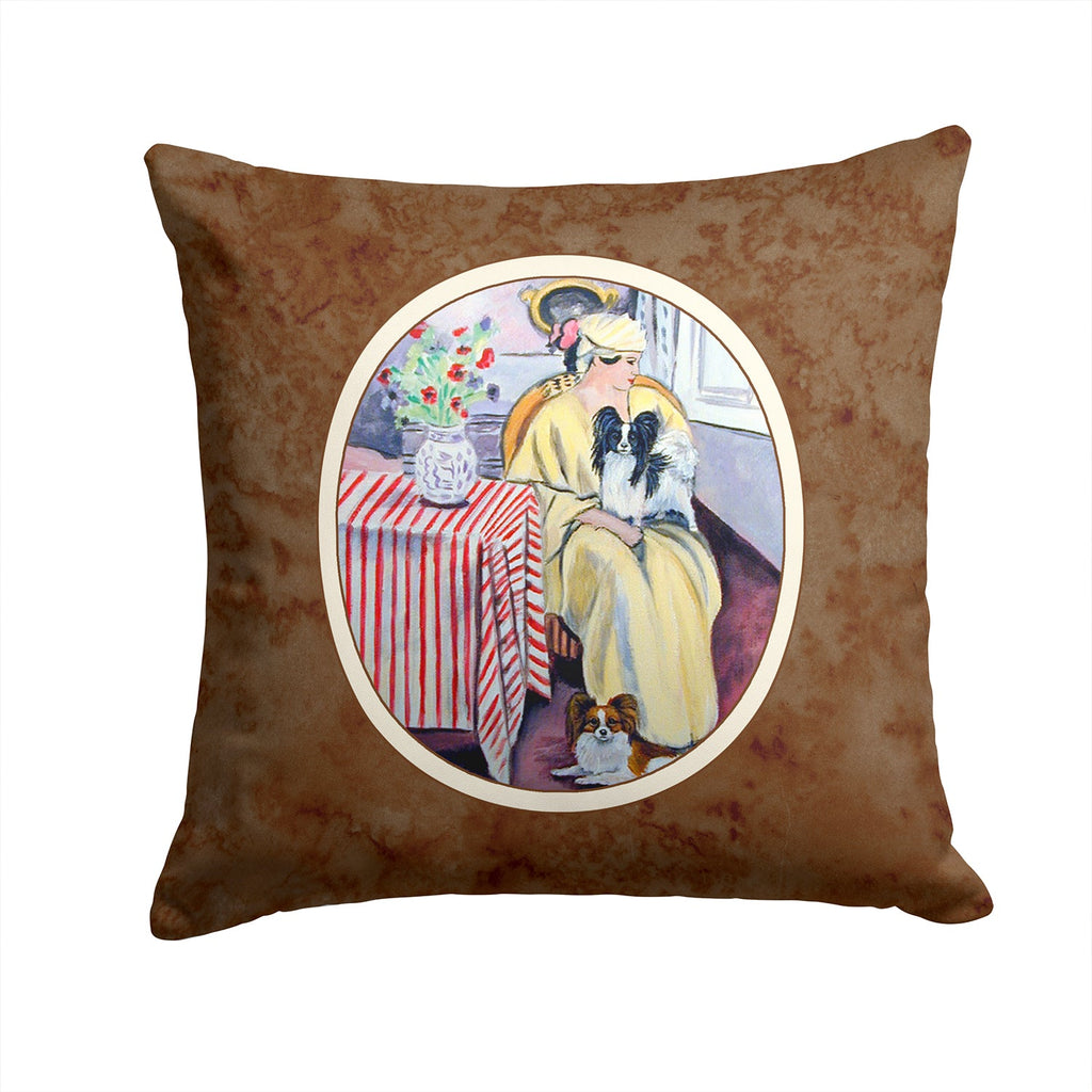 Lady with her Papillon Decorative Throw Pillow 14x14 Indoor Outdoor Accent Cushion, Fabric Cover with Insert for Sofa, Bed, Porch & Living Room
