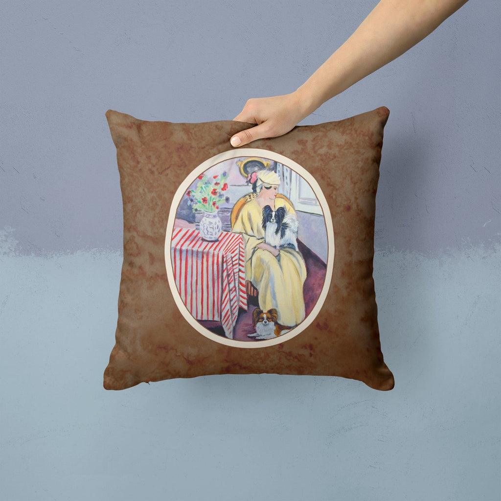 Lady with her Papillon Decorative Throw Pillow 14x14 Indoor Outdoor Accent Cushion, Fabric Cover with Insert for Sofa, Bed, Porch & Living Room