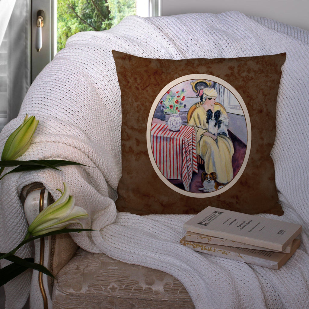 Lady with her Papillon Decorative Throw Pillow 14x14 Indoor Outdoor Accent Cushion, Fabric Cover with Insert for Sofa, Bed, Porch & Living Room