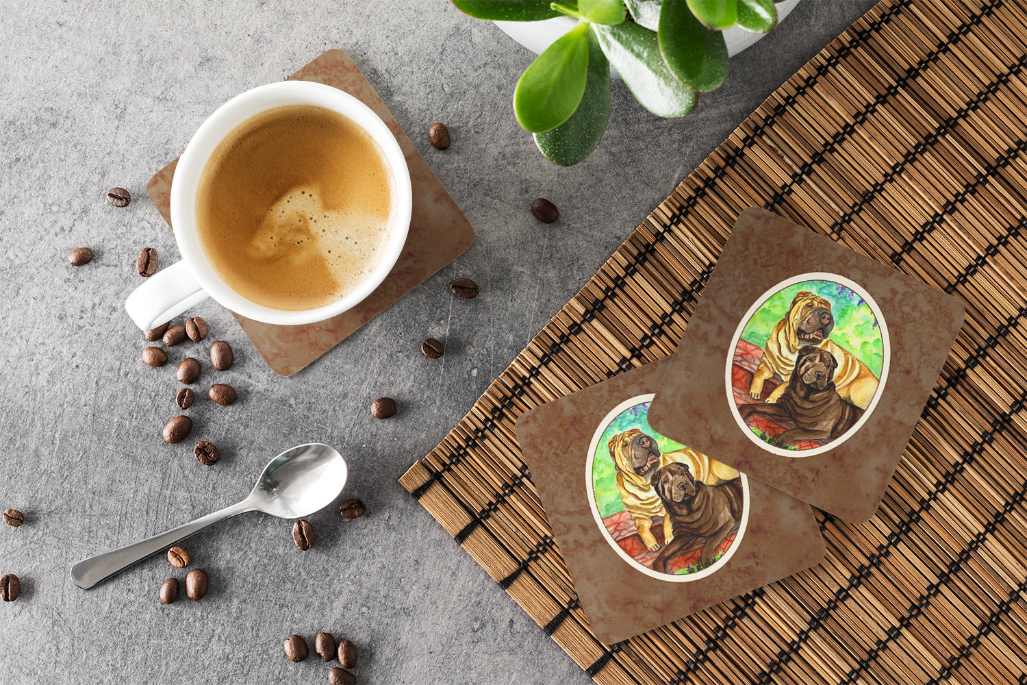 Shar Pei Fawn and Chocolate Foam Coasters Set of 4 Cup Coasters for Indoor Outdoor, Tabletop Protection, Anti Slip, Mouse pad Material