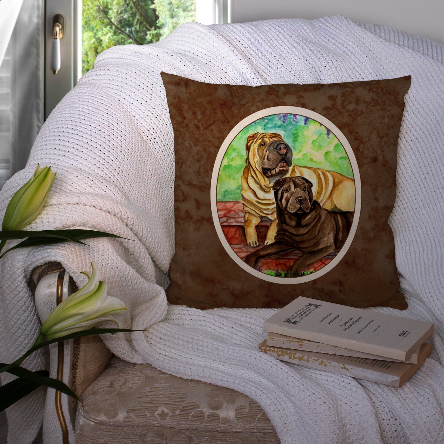 Shar Pei Fawn and Chocolate Decorative Throw Pillow 14x14 Indoor Outdoor Accent Cushion, Fabric Cover with Insert for Sofa, Bed, Porch & Living Room