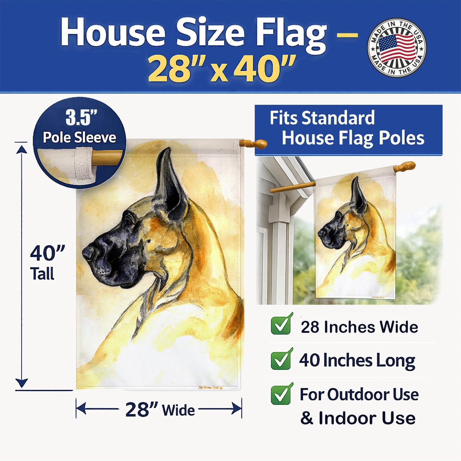 Fawn Great Dane House Flag 28x40 Porch Sleeve Pole Decorative Outside Yard Banner Artwork Wall Hanging, Polyester