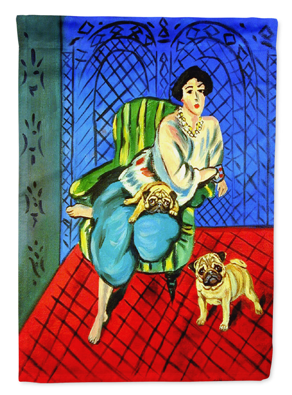 Lady with her  Fawn Pug House Flag 28x40 Porch Sleeve Pole Decorative Outside Yard Banner Artwork Wall Hanging, Polyester