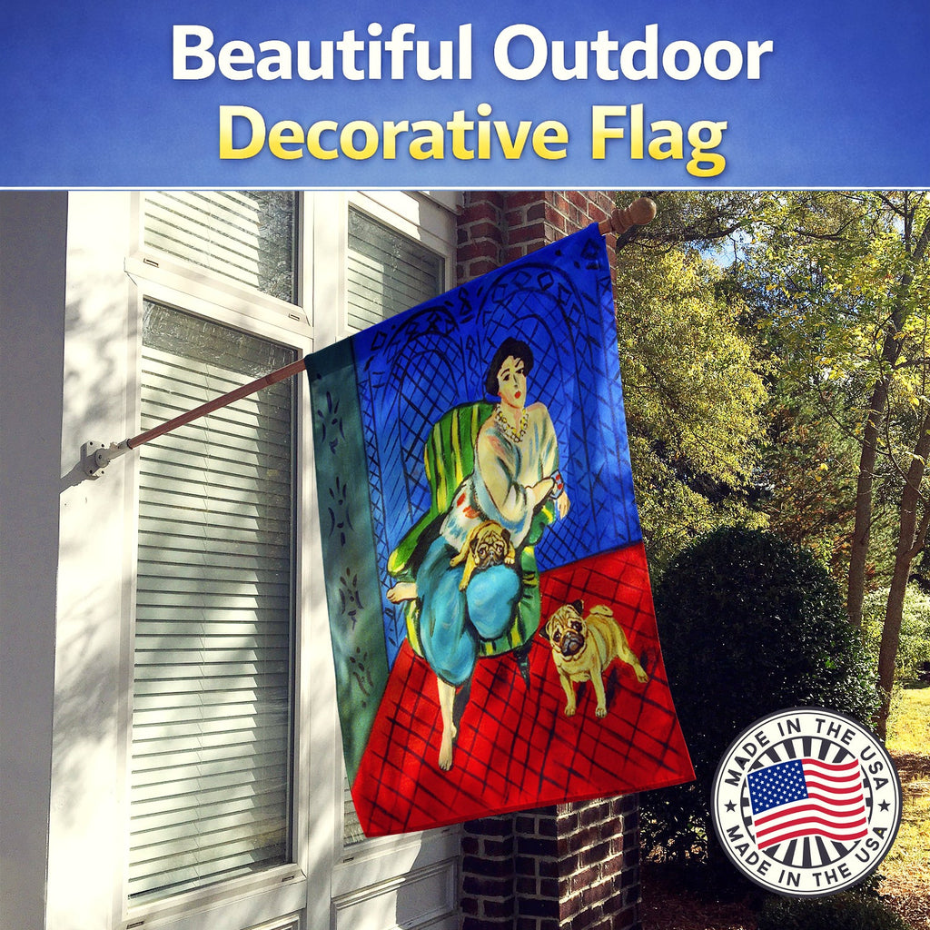 Lady with her  Fawn Pug House Flag 28x40 Porch Sleeve Pole Decorative Outside Yard Banner Artwork Wall Hanging, Polyester