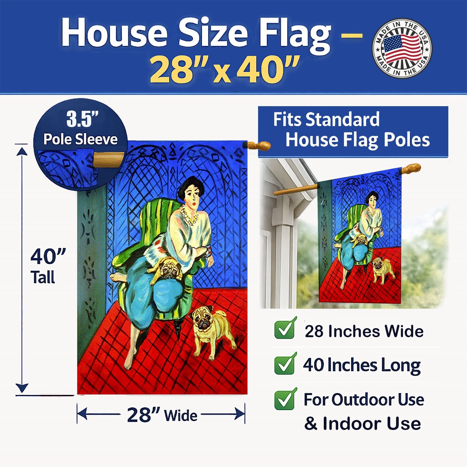 Lady with her  Fawn Pug House Flag 28x40 Porch Sleeve Pole Decorative Outside Yard Banner Artwork Wall Hanging, Polyester