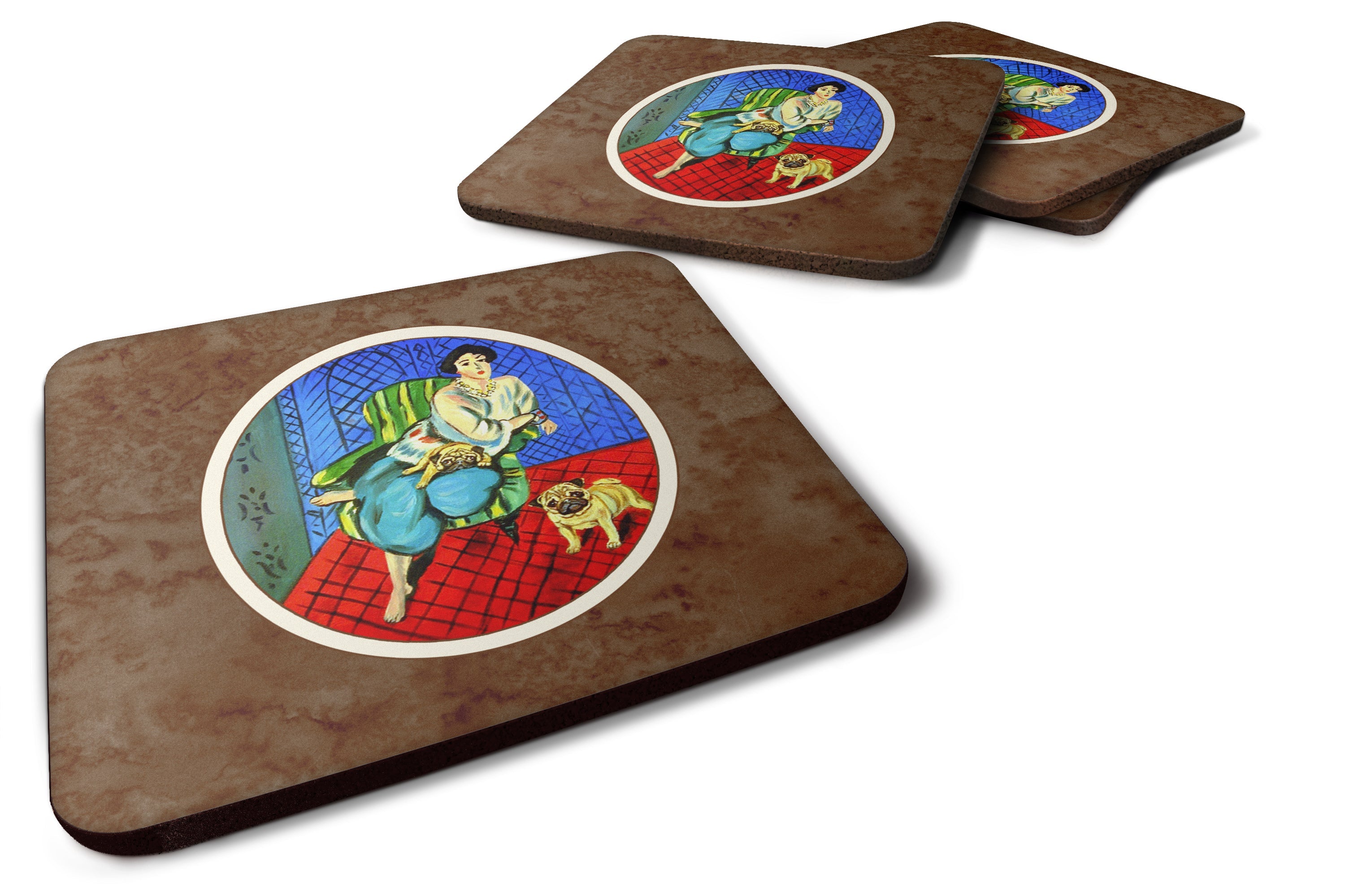 Lady with her  Fawn Pug Foam Coasters Set of 4 Cup Coasters for Indoor Outdoor, Tabletop Protection, Anti Slip, Mouse pad Material