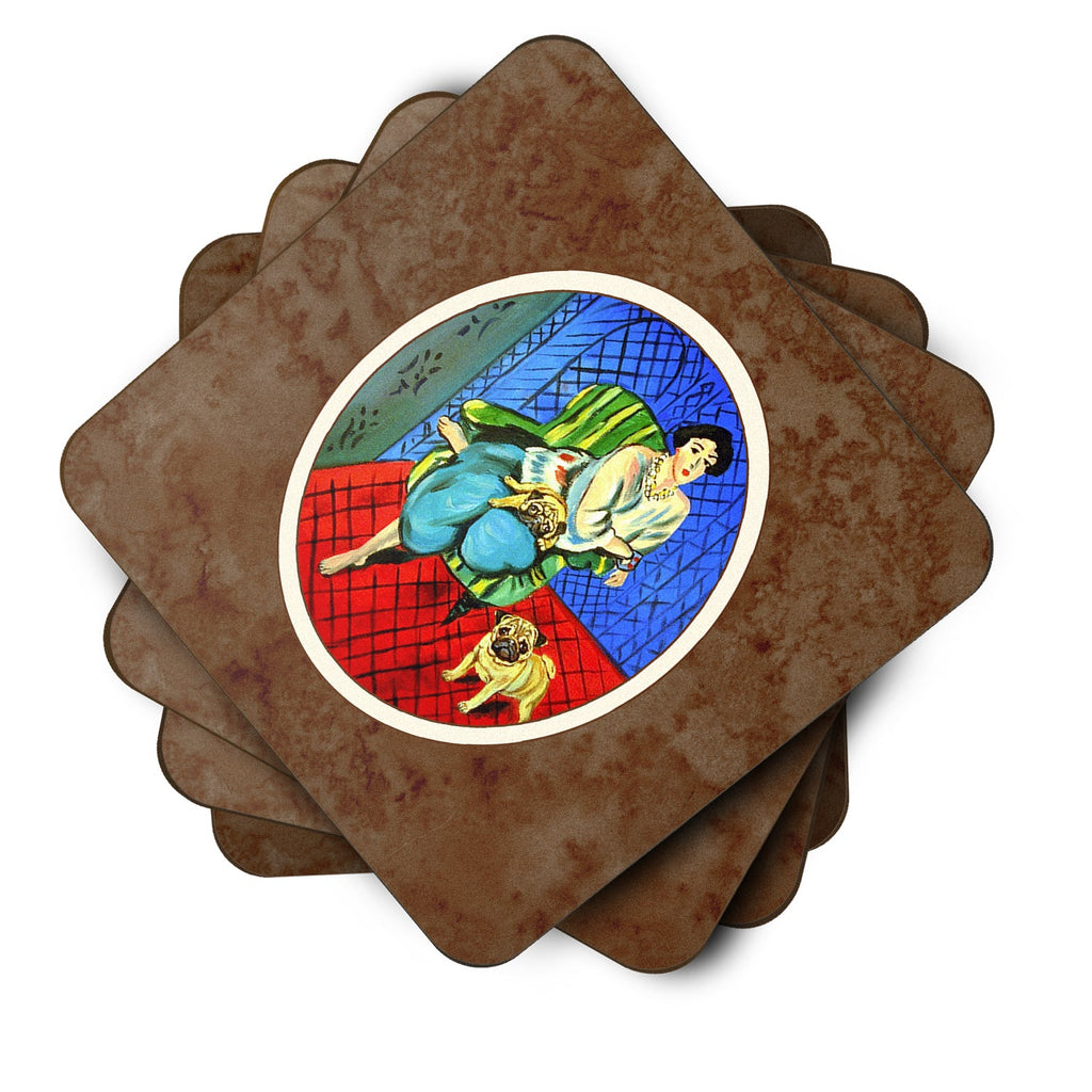 Lady with her  Fawn Pug Foam Coasters Set of 4 Cup Coasters for Indoor Outdoor, Tabletop Protection, Anti Slip, Mouse pad Material