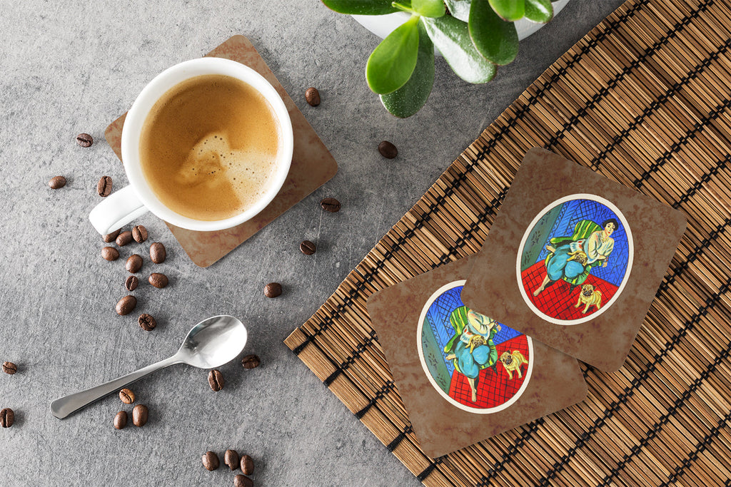 Lady with her  Fawn Pug Foam Coasters Set of 4 Cup Coasters for Indoor Outdoor, Tabletop Protection, Anti Slip, Mouse pad Material