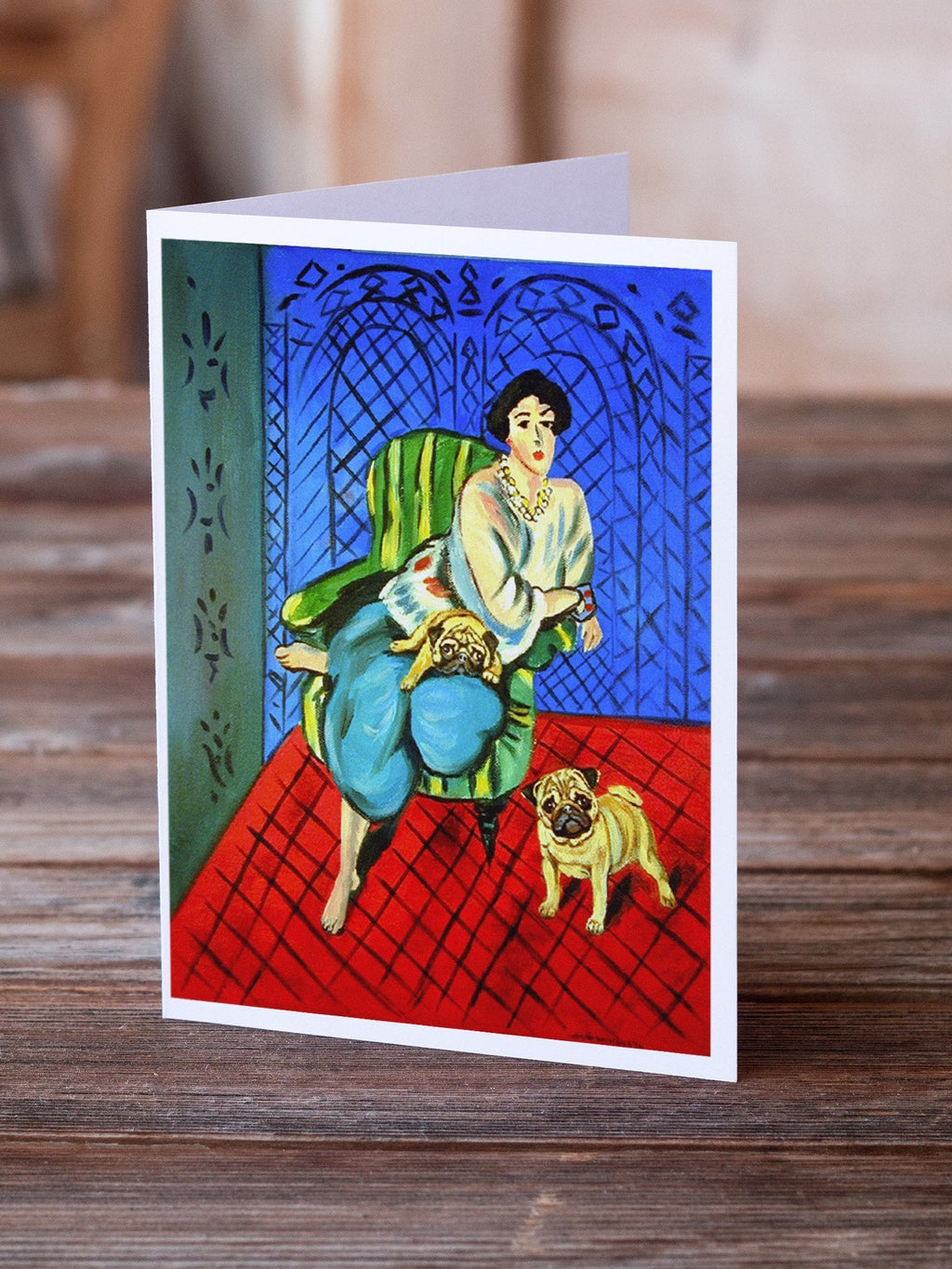 Lady with her  Fawn Pug Greeting Cards Pack of 8 Blank Cards with Envelopes Whimsical A7 Size 5x7