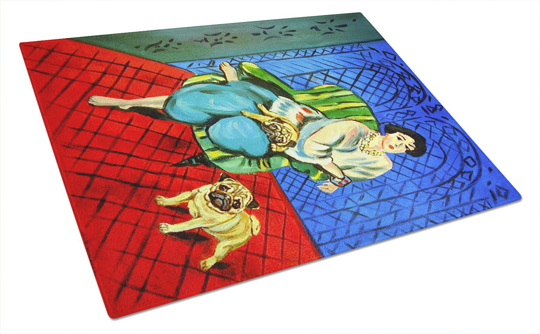 Lady with her  Fawn Pug Cutting Board Tempered Glass Kitchen Cutting Surface, Heat Resistant Chopping, Non-Slip Feet, Food Prep & Serving