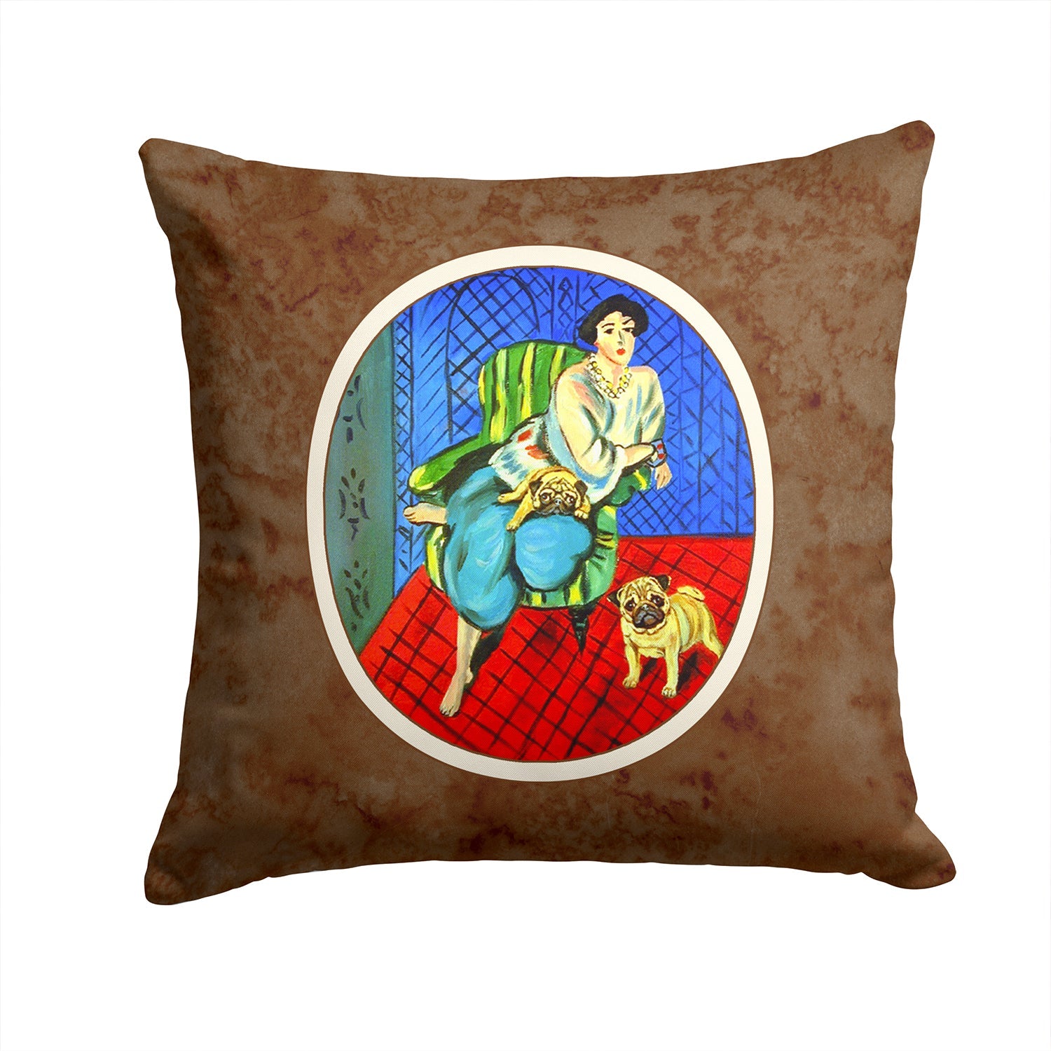 Lady with her  Fawn Pug Decorative Throw Pillow 14x14 Indoor Outdoor Accent Cushion, Fabric Cover with Insert for Sofa, Bed, Porch & Living Room