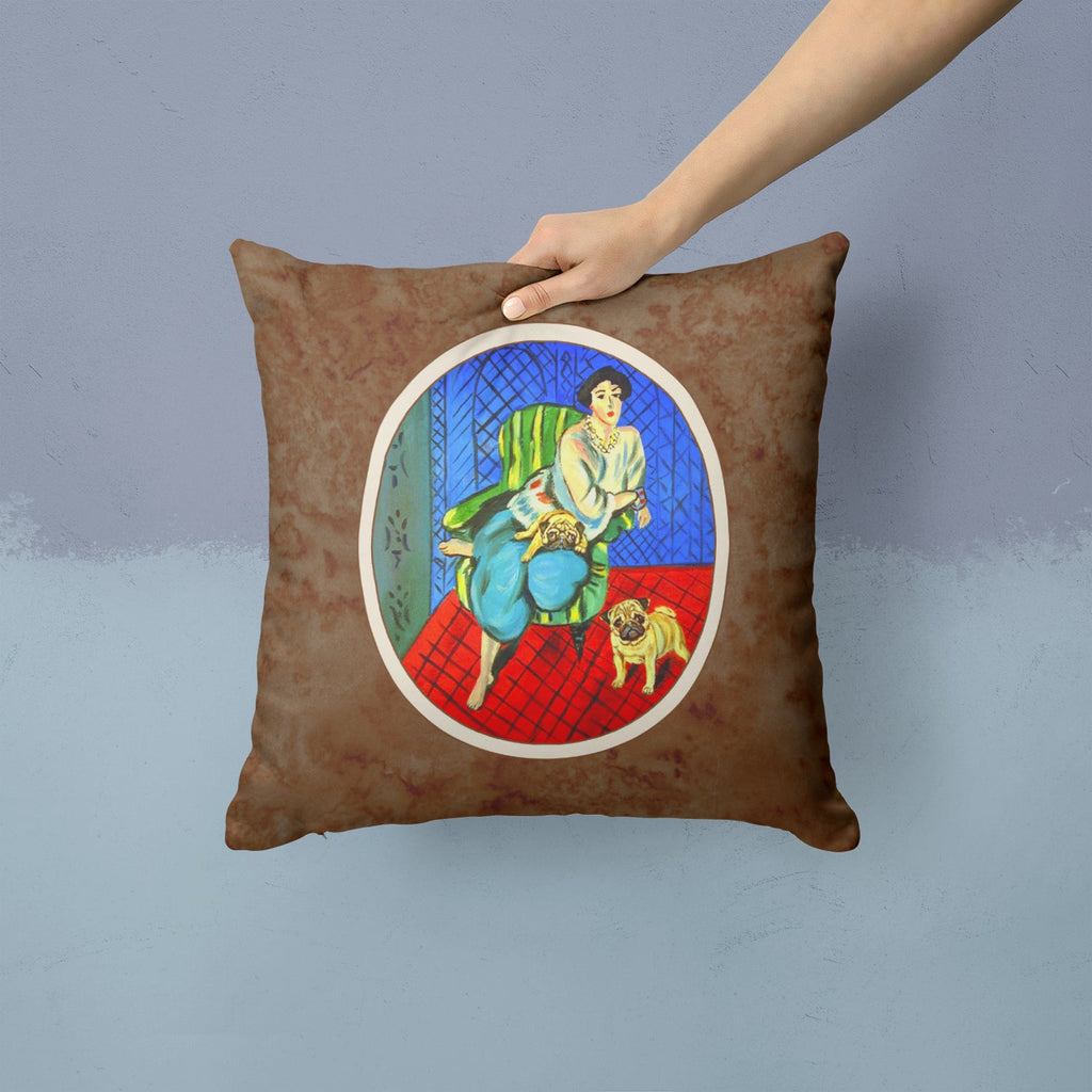 Lady with her  Fawn Pug Decorative Throw Pillow 14x14 Indoor Outdoor Accent Cushion, Fabric Cover with Insert for Sofa, Bed, Porch & Living Room