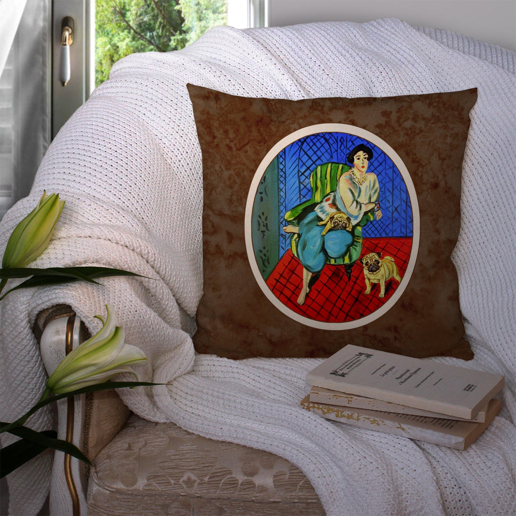 Lady with her  Fawn Pug Decorative Throw Pillow 14x14 Indoor Outdoor Accent Cushion, Fabric Cover with Insert for Sofa, Bed, Porch & Living Room