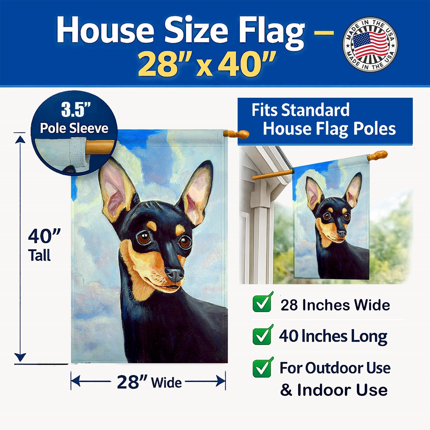 Min Pin Black and Tan House Flag 28x40 Porch Sleeve Pole Decorative Outside Yard Banner Artwork Wall Hanging, Polyester