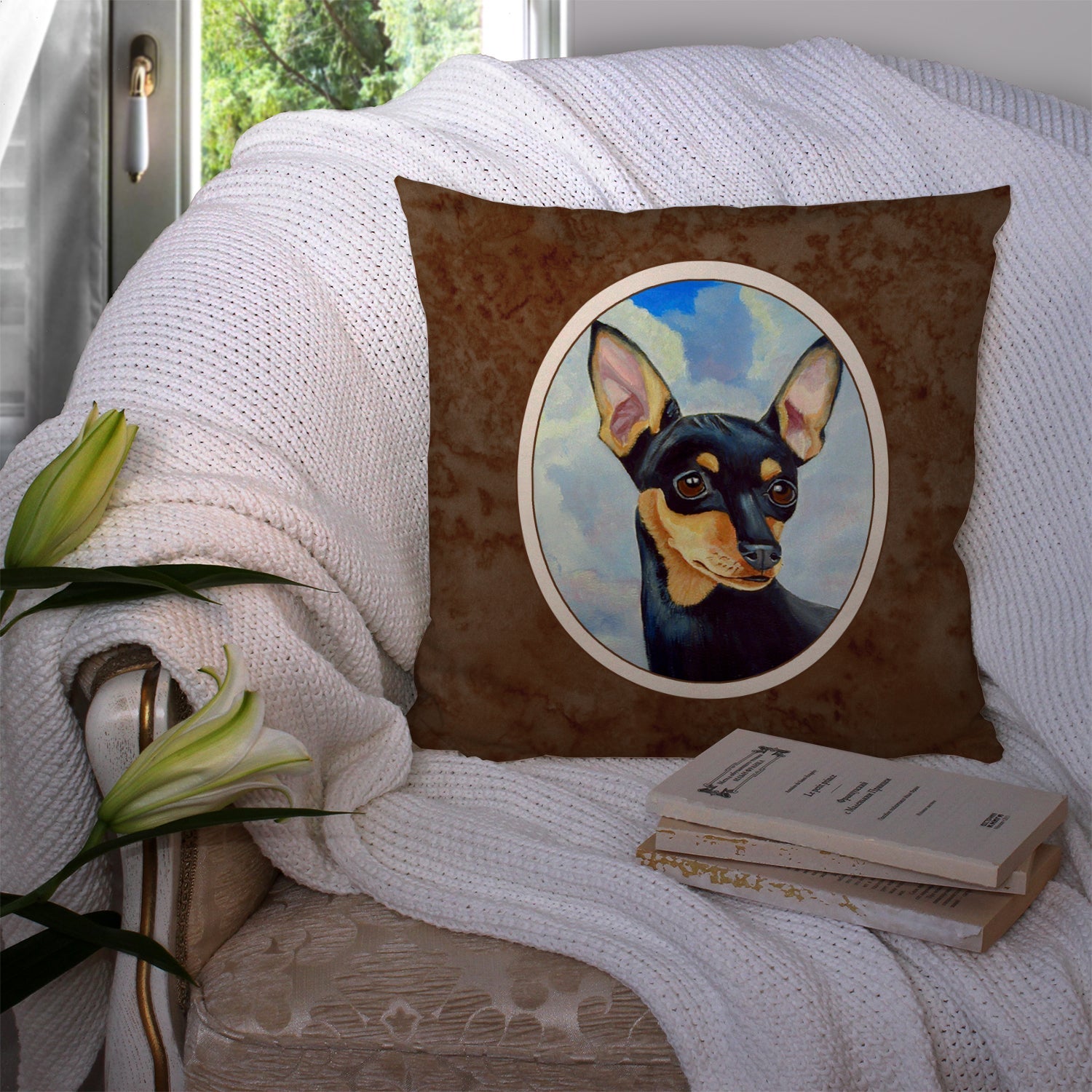 Min Pin Black and Tan Decorative Throw Pillow 14x14 Indoor Outdoor Accent Cushion, Fabric Cover with Insert for Sofa, Bed, Porch & Living Room