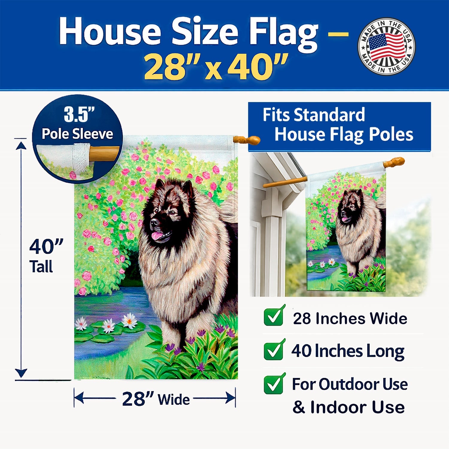 Keeshond House Flag 28x40 Porch Sleeve Pole Decorative Outside Yard Banner Artwork Wall Hanging, Polyester