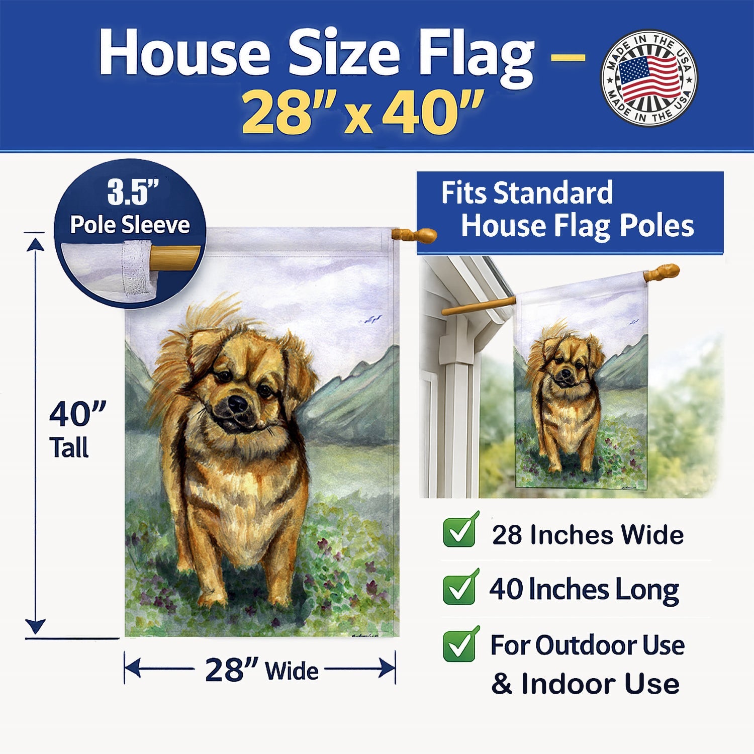 Tibetan Spaniel House Flag 28x40 Porch Sleeve Pole Decorative Outside Yard Banner Artwork Wall Hanging, Polyester