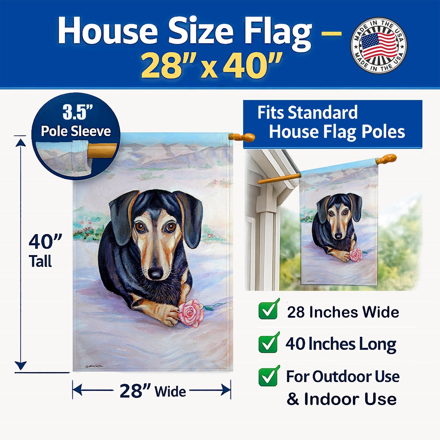 Black and Cream Dachshund House Flag 28x40 Porch Sleeve Pole Decorative Outside Yard Banner Artwork Wall Hanging, Polyester