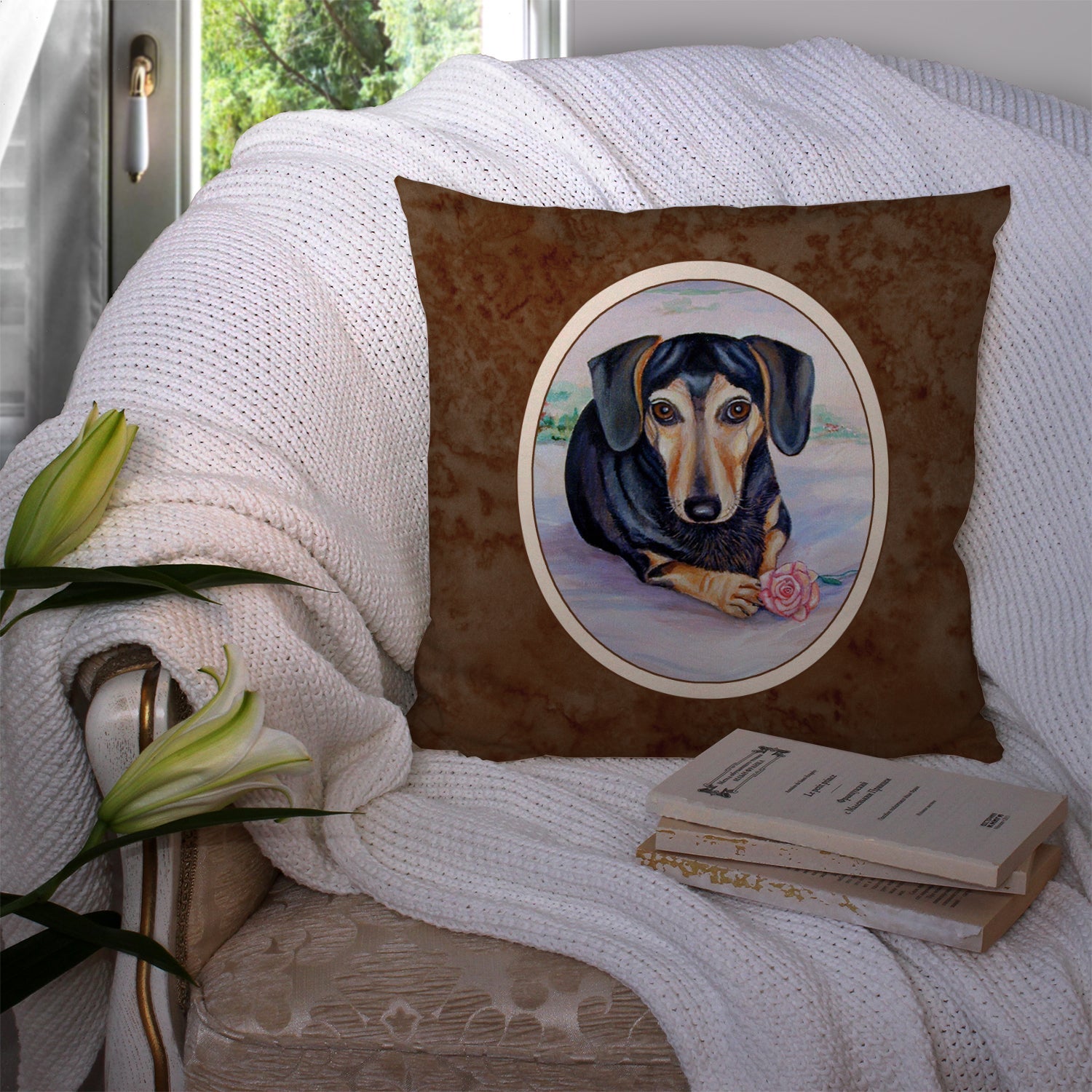 Black and Cream Dachshund Decorative Throw Pillow 14x14 Indoor Outdoor Accent Cushion, Fabric Cover with Insert for Sofa, Bed, Porch & Living Room