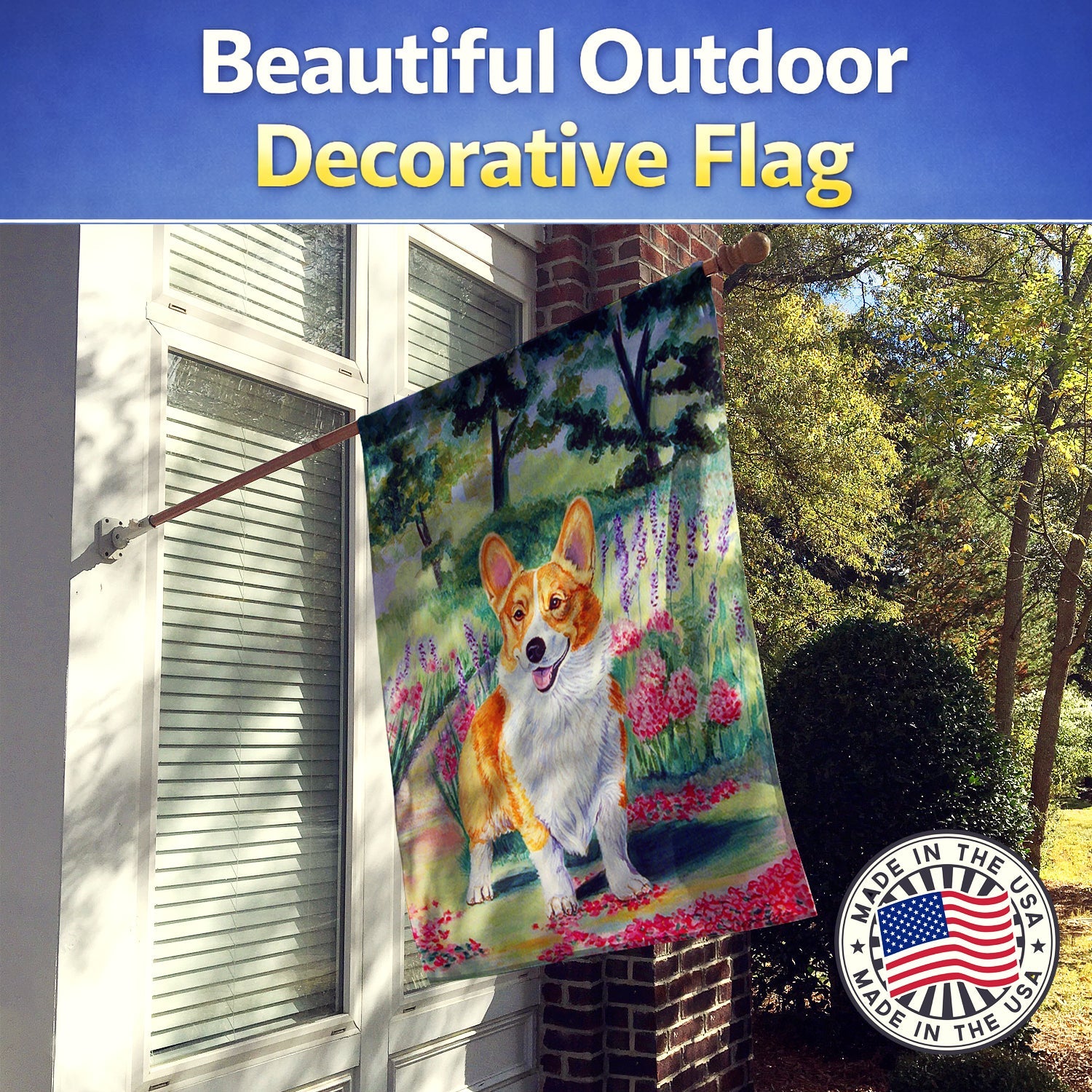 Pembroke Corgi Springtime House Flag 28x40 Porch Sleeve Pole Decorative Outside Yard Banner Artwork Wall Hanging, Polyester