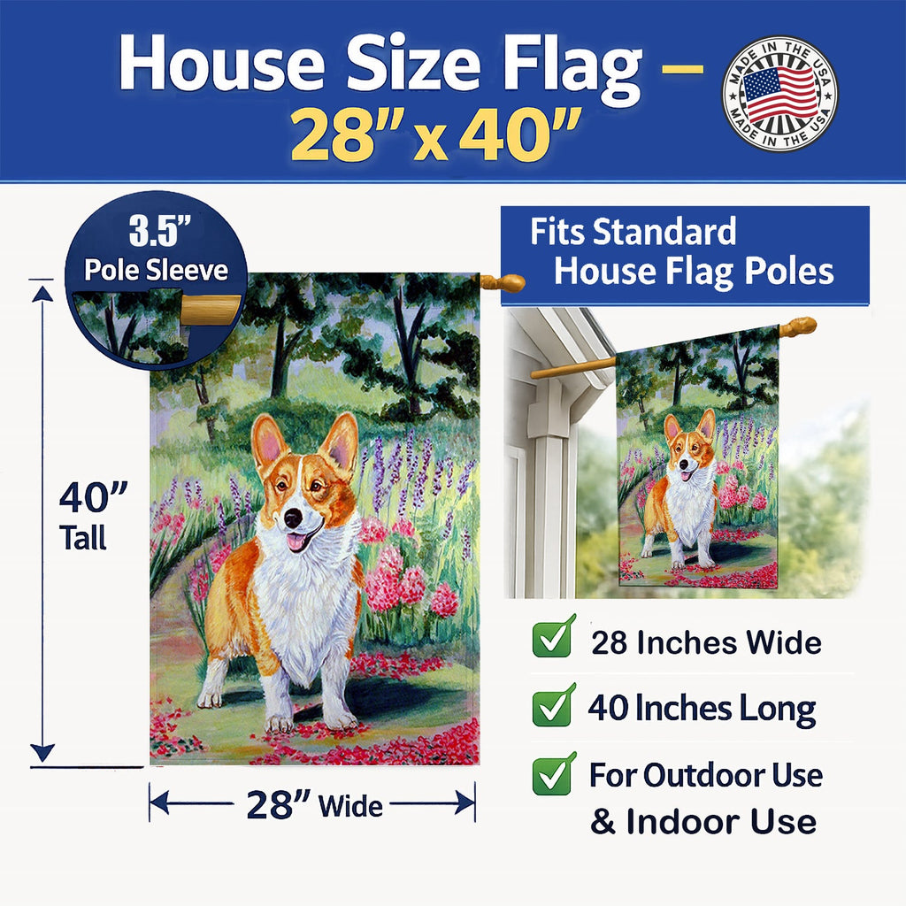 Pembroke Corgi Springtime House Flag 28x40 Porch Sleeve Pole Decorative Outside Yard Banner Artwork Wall Hanging, Polyester