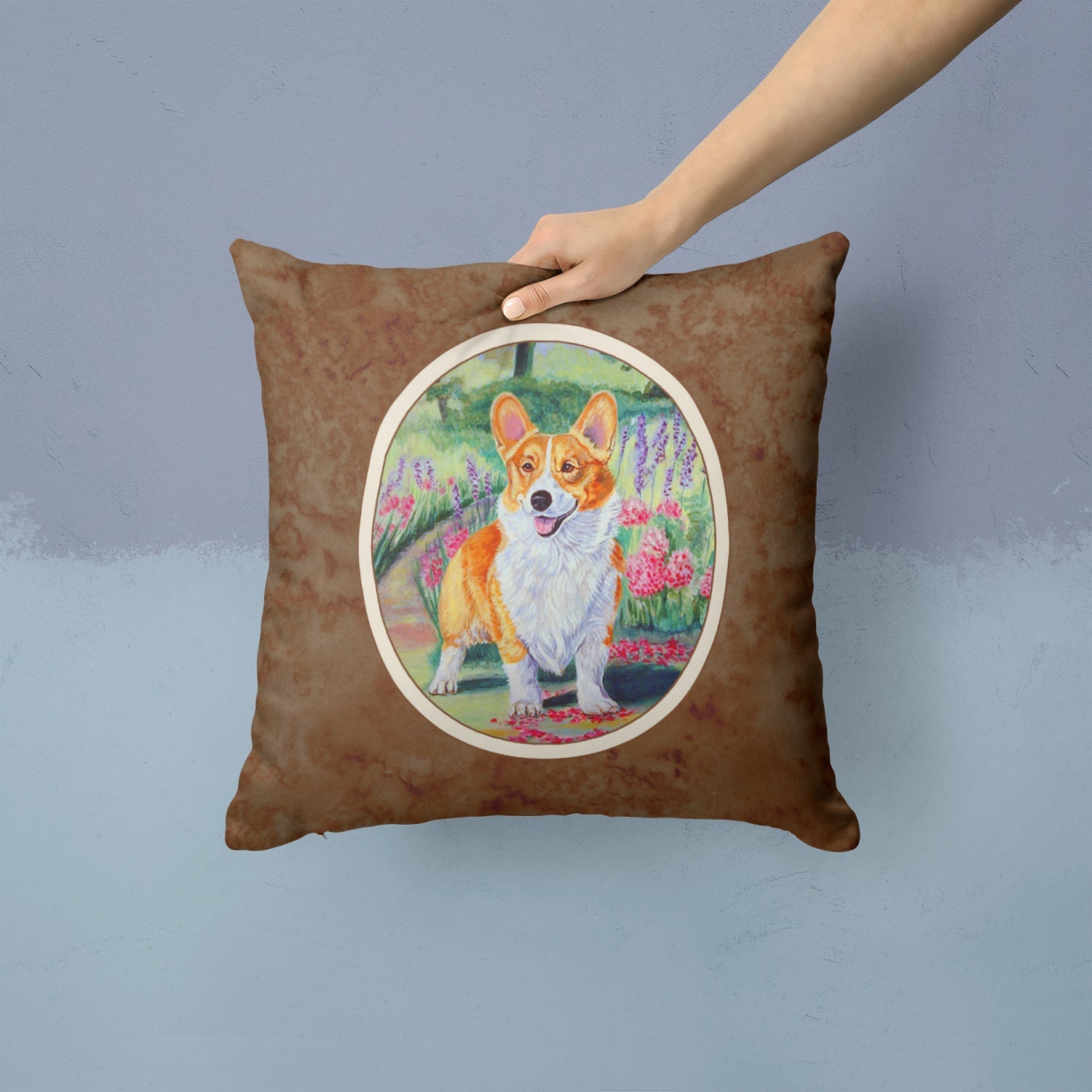 Pembroke Corgi Springtime Decorative Throw Pillow 14x14 Indoor Outdoor Accent Cushion, Fabric Cover with Insert for Sofa, Bed, Porch & Living Room