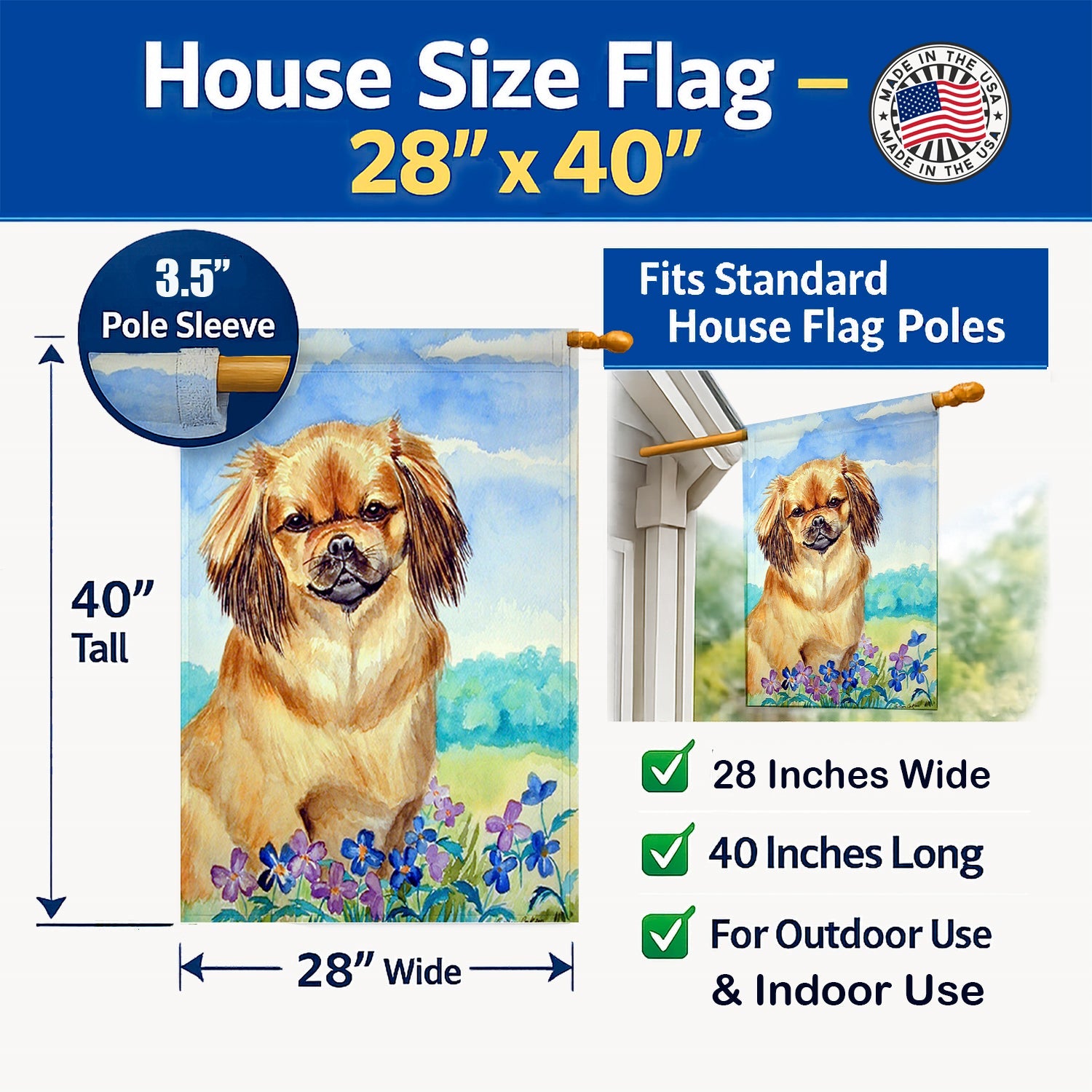 Tibetan Spaniel House Flag 28x40 Porch Sleeve Pole Decorative Outside Yard Banner Artwork Wall Hanging, Polyester
