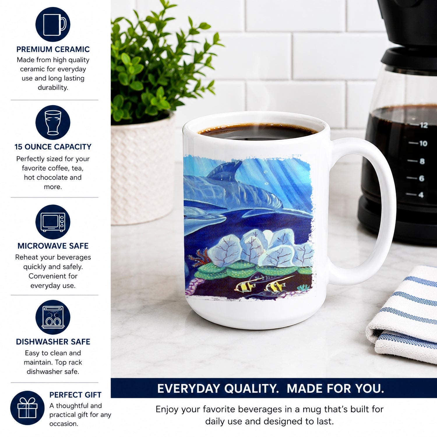 Dolphin under the sea Ceramic Coffee Mug 15 oz Decorative Large C Handle Mug Cup for Tea, Cocoa Hot Chocolate