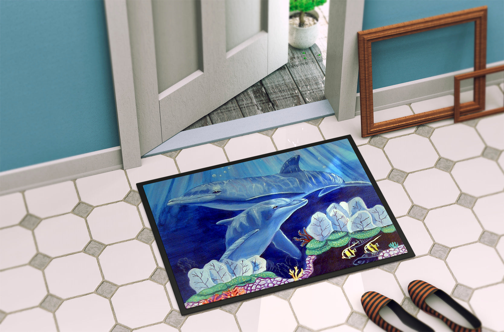 Dolphin under the sea Doormat Indoor Outdoor 18H X 27W Front Door Mat Rugs for Entryway, Non Slip Washable