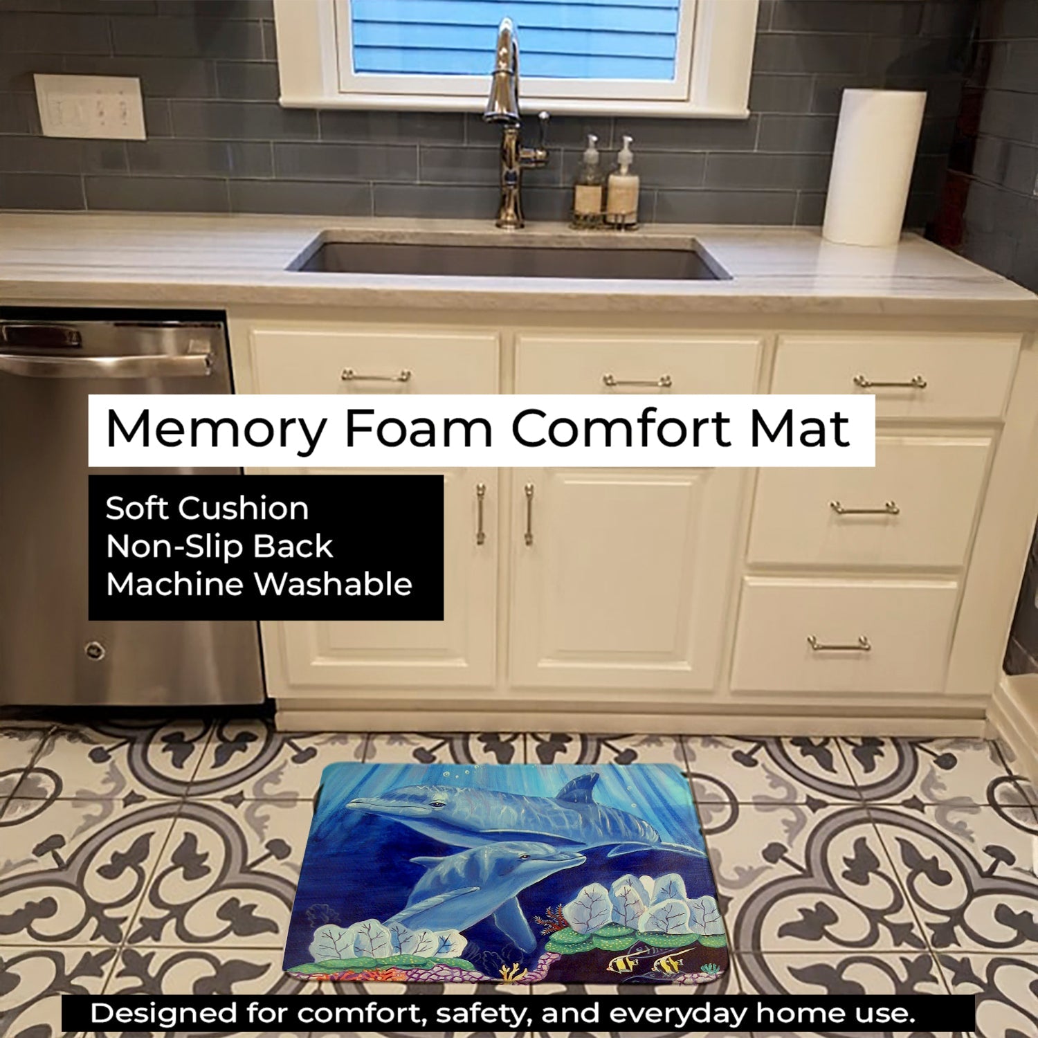 Dolphin under the sea Memory Foam Kitchen Mat Machine Washable Anti-Fatigue Cushion Comfort Bath or Kitchen Rug
