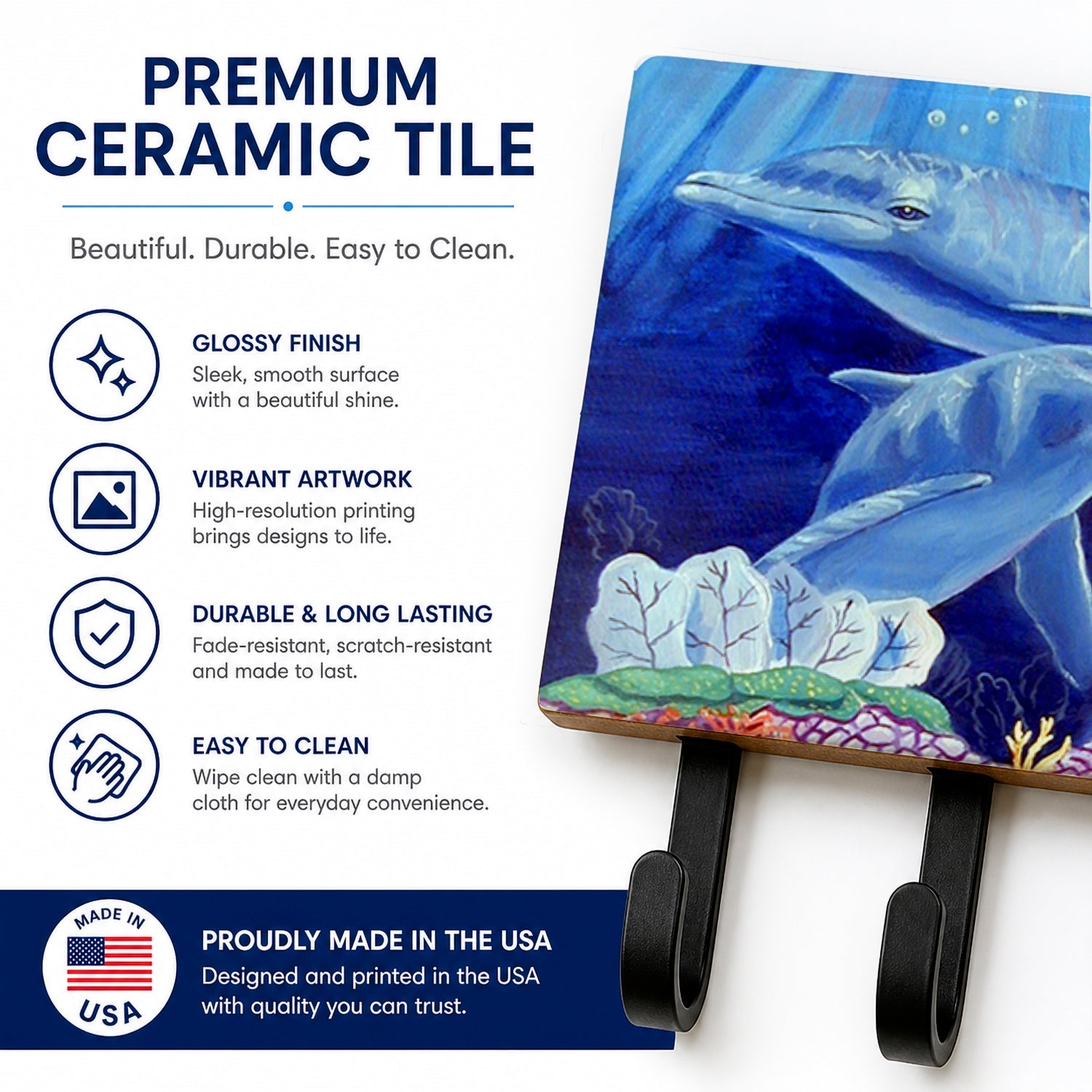 Dolphin under the sea Leash or Key Holder Wall Hooks, Coat Rack Wall Mount, for Hanging Keys, Towels, Aprons, Leashes