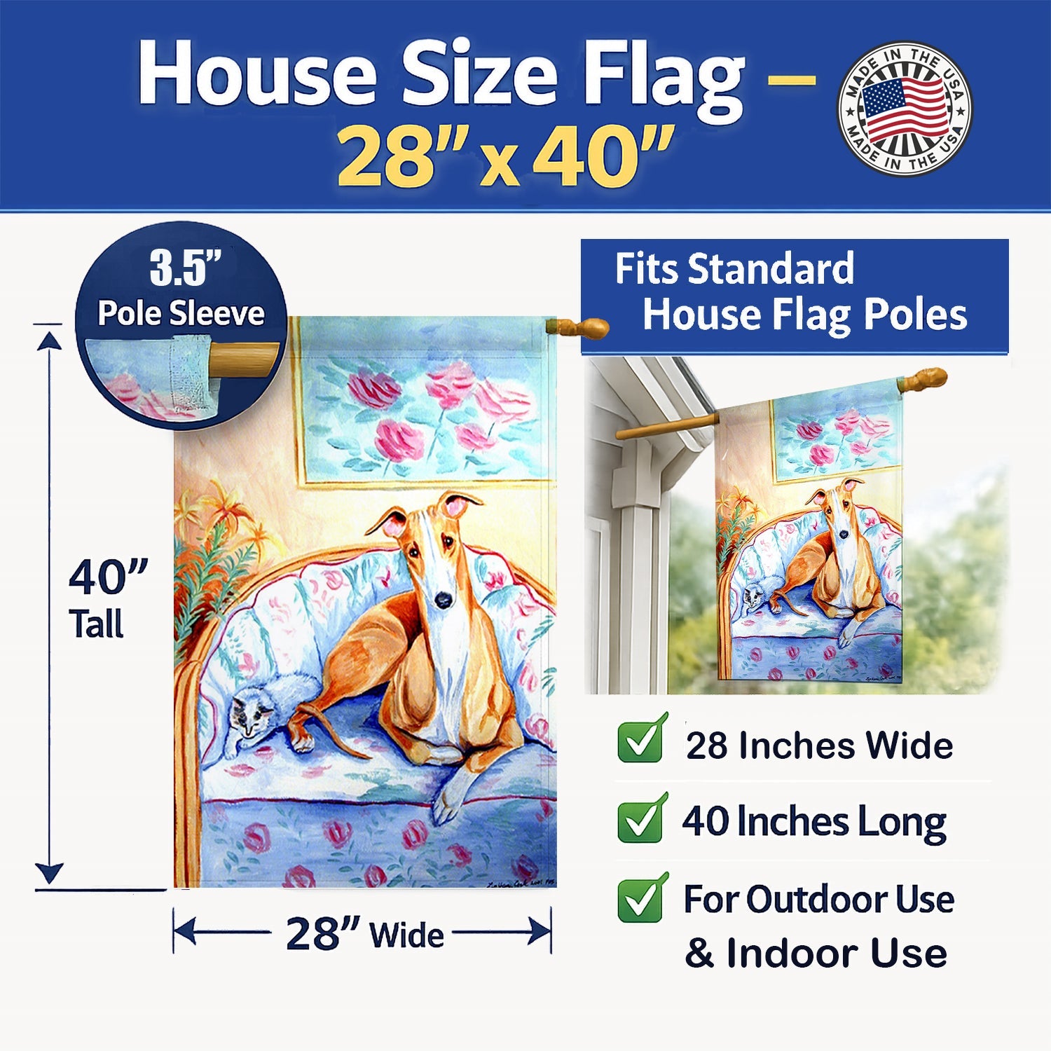 Whippet Waiting on you House Flag 28x40 Porch Sleeve Pole Decorative Outside Yard Banner Artwork Wall Hanging, Polyester