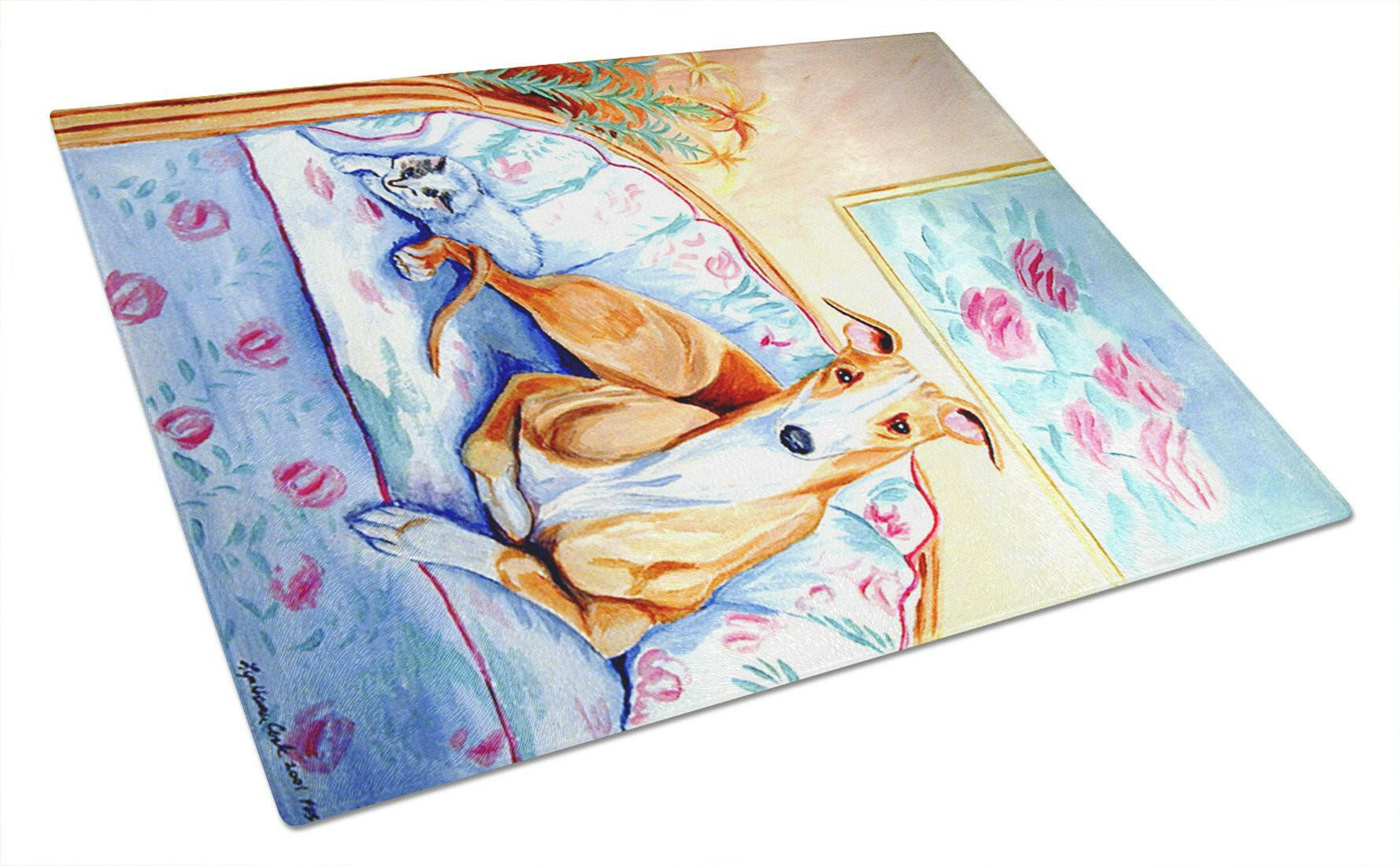 Whippet Waiting on you Cutting Board Tempered Glass Kitchen Cutting Surface, Heat Resistant Chopping, Non-Slip Feet, Food Prep & Serving