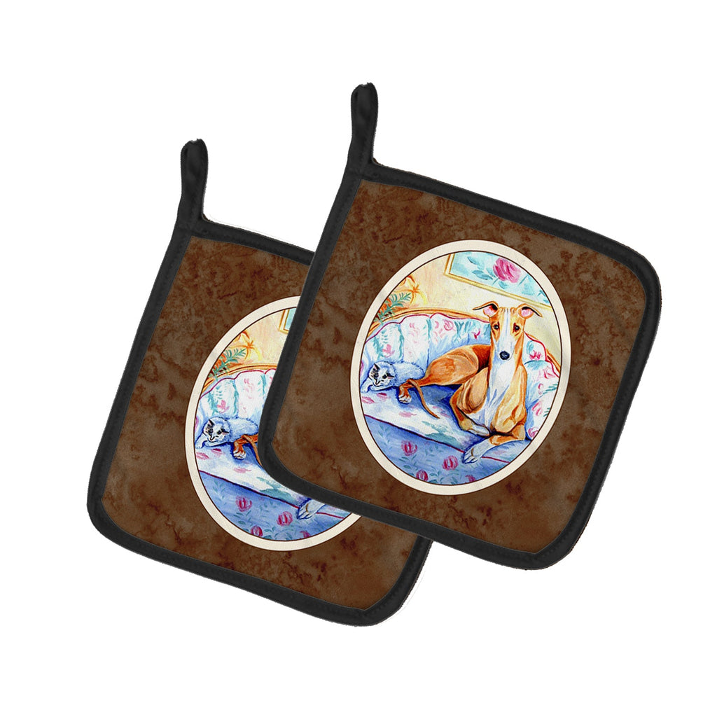 Whippet Waiting on you Pot Holder Set of 2 Heat Resistant Quilted Hot Pads 7.5 x 7.5 Inch, Insulated Kitchen Trivets for Cooking & Baking
