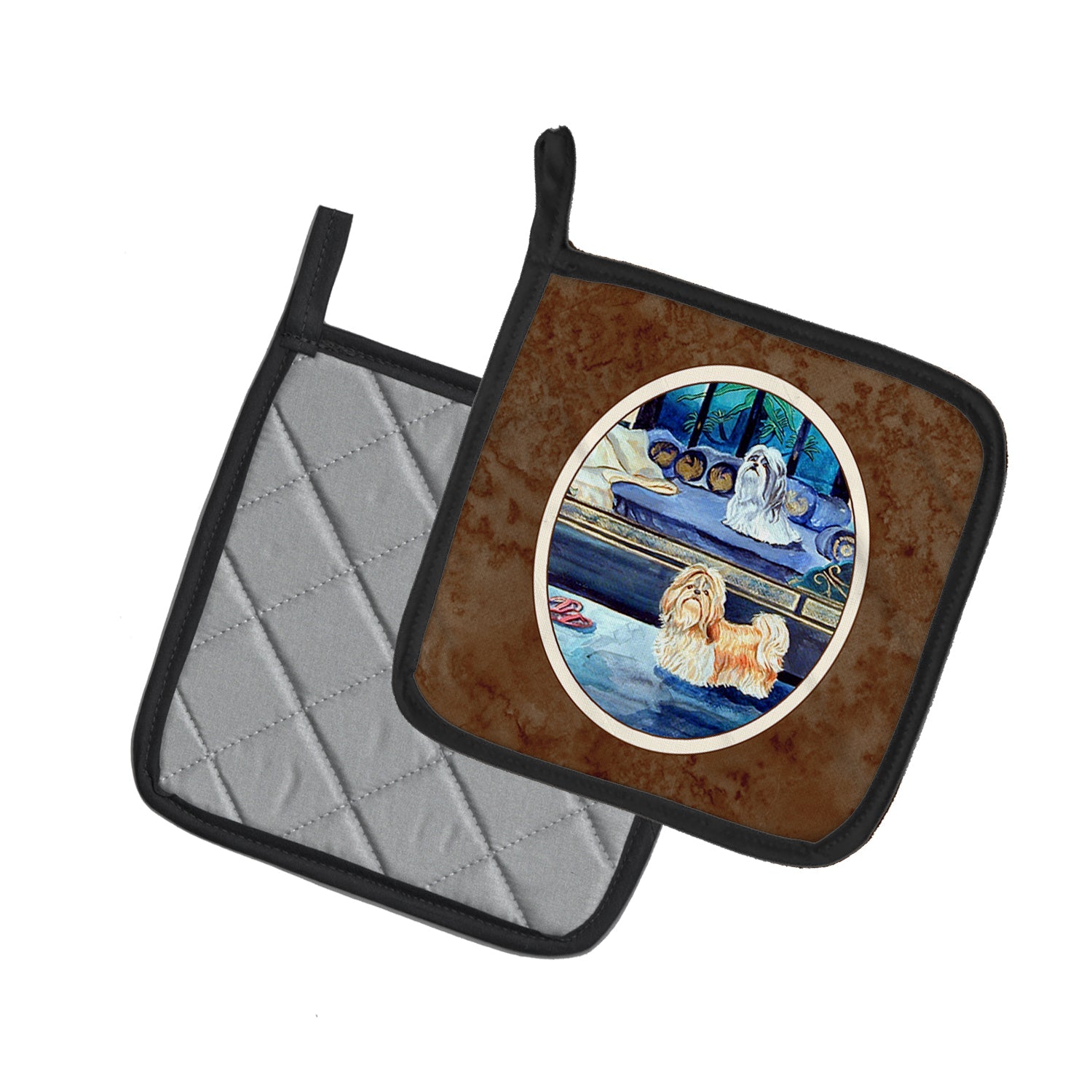 Shih Tzu Double Trouble Pot Holder Set of 2 Heat Resistant Quilted Hot Pads 7.5 x 7.5 Inch, Insulated Kitchen Trivets for Cooking & Baking