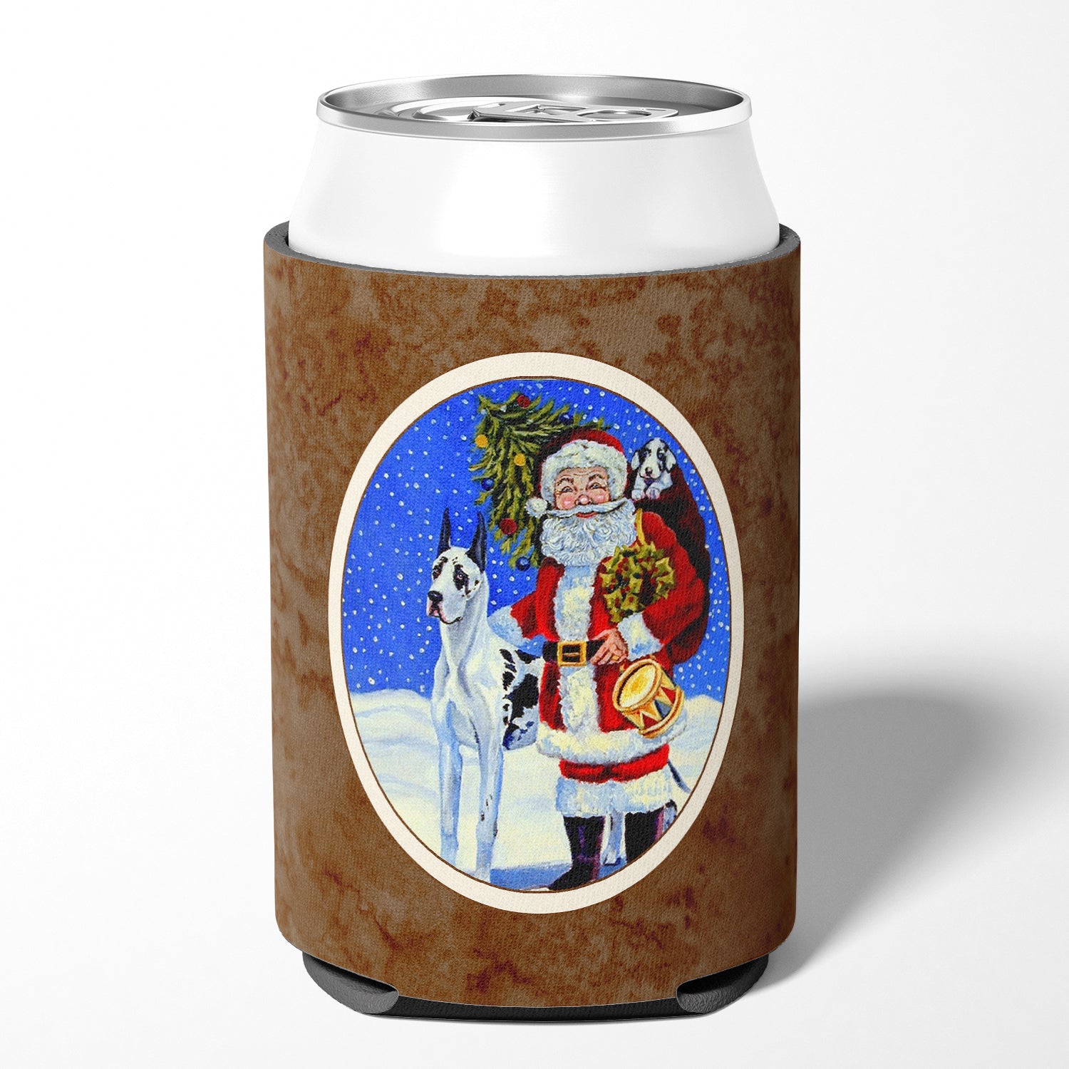Harlequin Great Dane with Santa Claus Can or Bottle Hugger Cooler Sleeve for Standard 12 oz Cans, Insulated Foam Beer & Soda Can Hugger Reusable