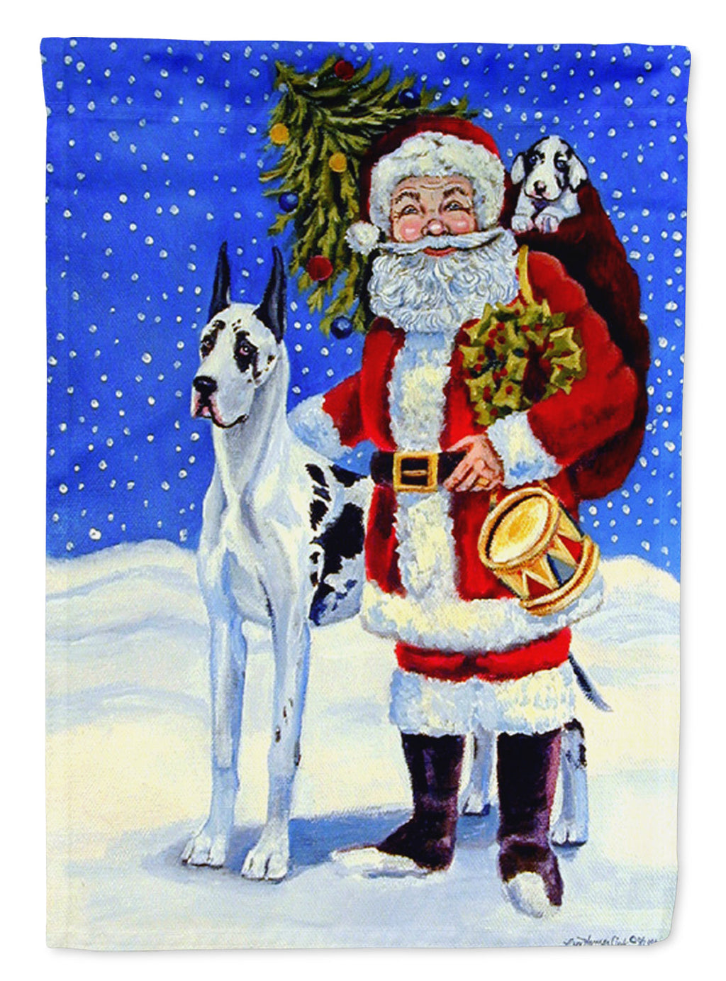 Harlequin Great Dane with Santa Claus House Flag 28x40 Porch Sleeve Pole Decorative Outside Yard Banner Artwork Wall Hanging, Polyester