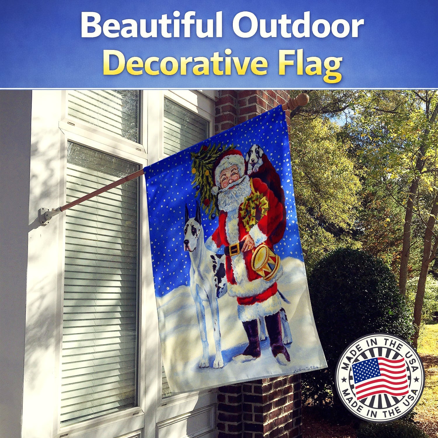 Harlequin Great Dane with Santa Claus House Flag 28x40 Porch Sleeve Pole Decorative Outside Yard Banner Artwork Wall Hanging, Polyester