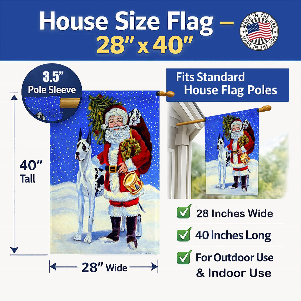 Harlequin Great Dane with Santa Claus House Flag 28x40 Porch Sleeve Pole Decorative Outside Yard Banner Artwork Wall Hanging, Polyester
