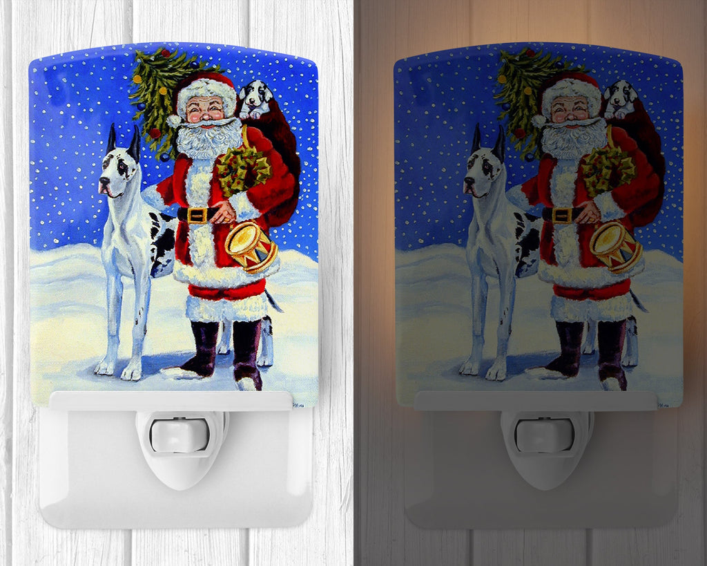 Harlequin Great Dane with Santa Claus Ceramic Night Light Compact, UL-Certified, Ideal for Bedroom, Bathroom, Nursery, Hallway, Kitchen, 6x4x3, Multicolor