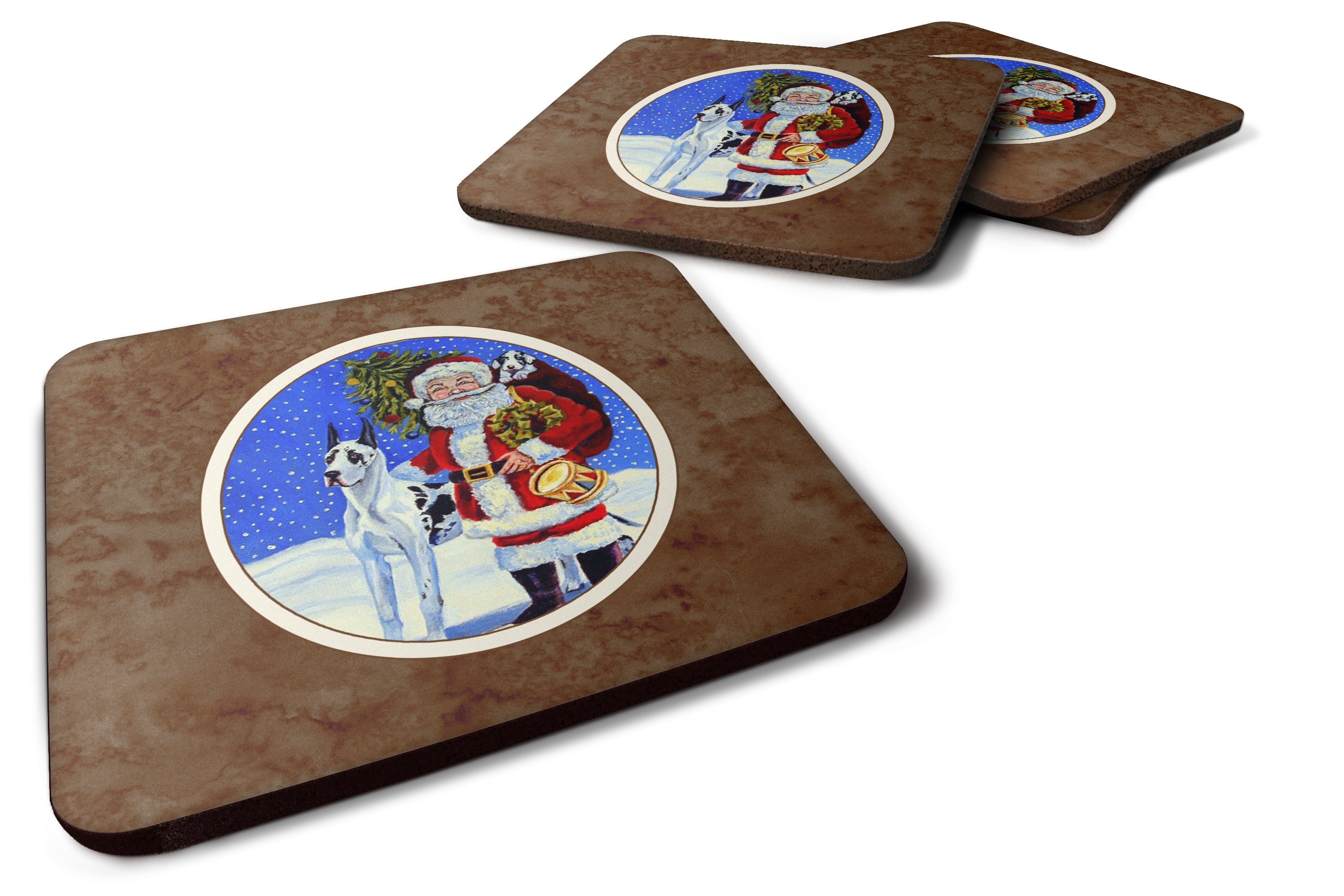 Harlequin Great Dane with Santa Claus Foam Coasters Set of 4 Cup Coasters for Indoor Outdoor, Tabletop Protection, Anti Slip, Mouse pad Material