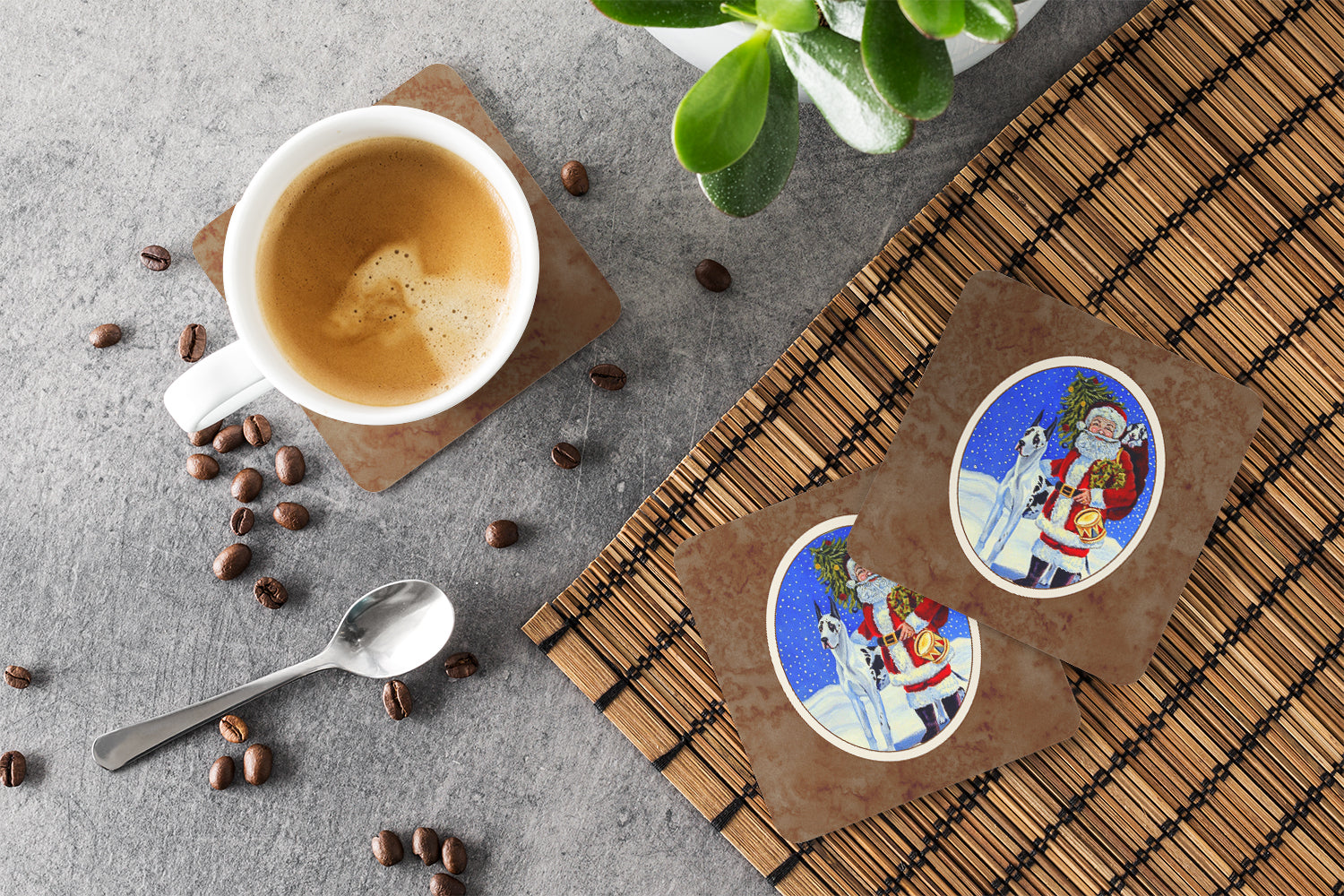 Harlequin Great Dane with Santa Claus Foam Coasters Set of 4 Cup Coasters for Indoor Outdoor, Tabletop Protection, Anti Slip, Mouse pad Material