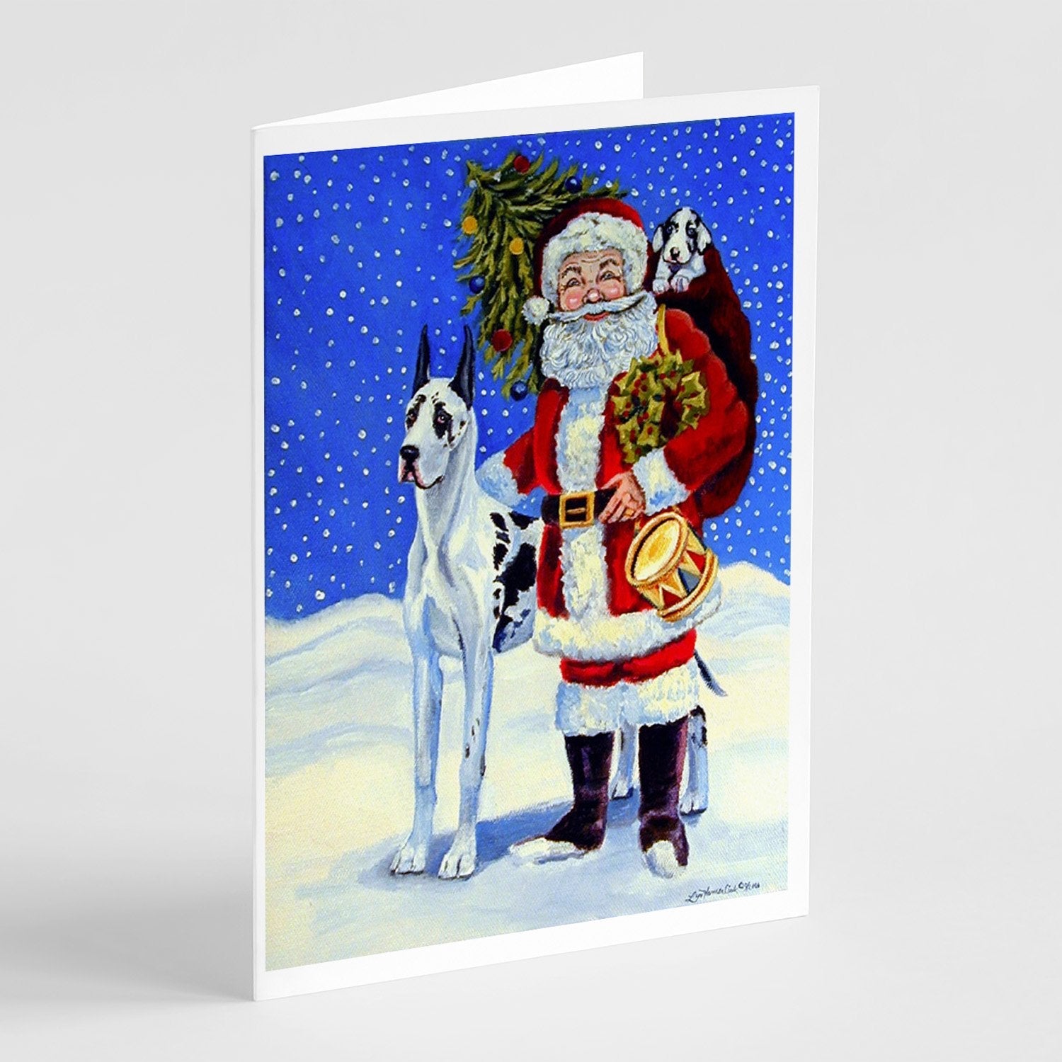 Harlequin Great Dane with Santa Claus Greeting Cards Pack of 8 Blank Cards with Envelopes Whimsical A7 Size 5x7