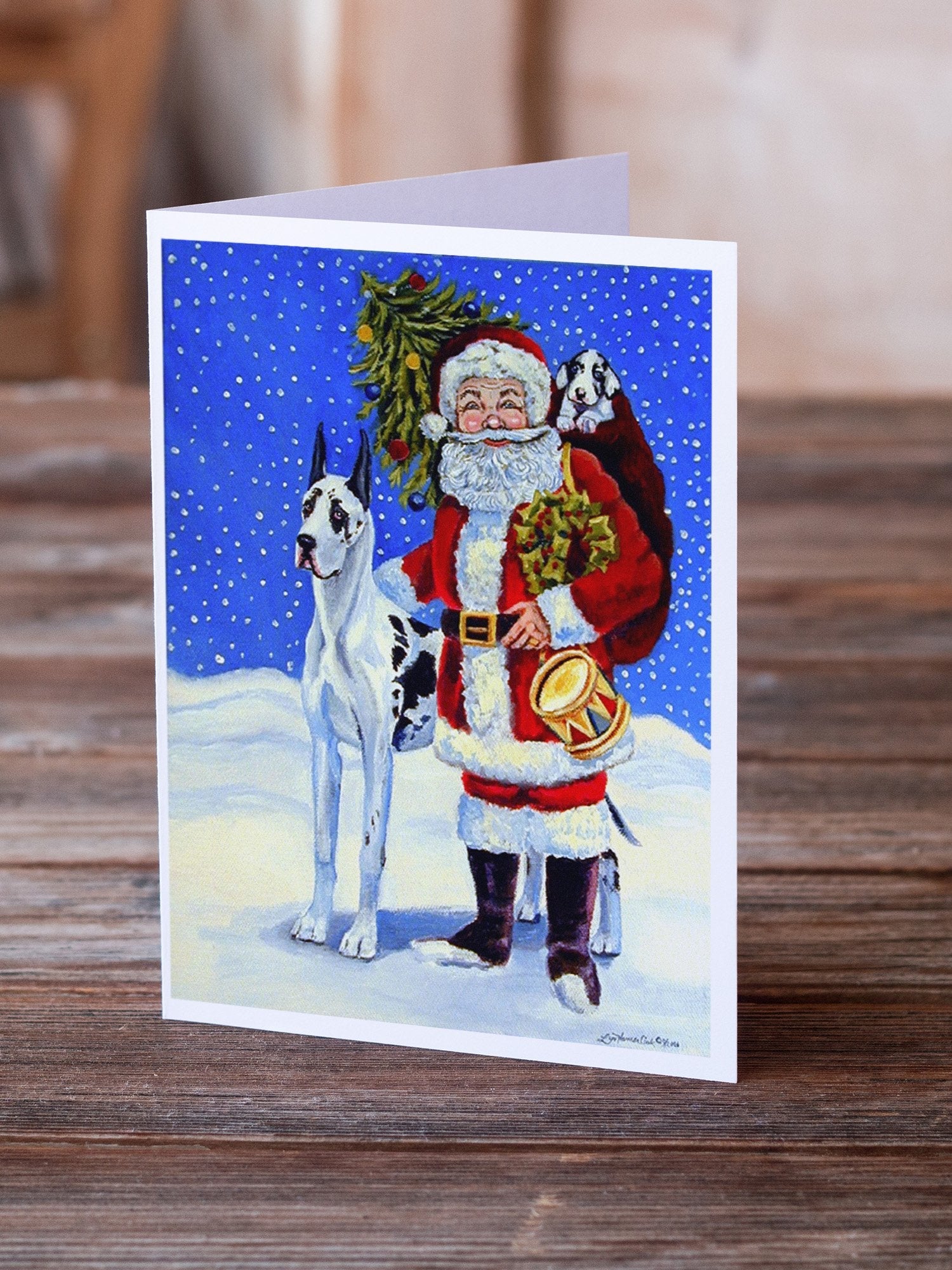 Harlequin Great Dane with Santa Claus Greeting Cards Pack of 8 Blank Cards with Envelopes Whimsical A7 Size 5x7