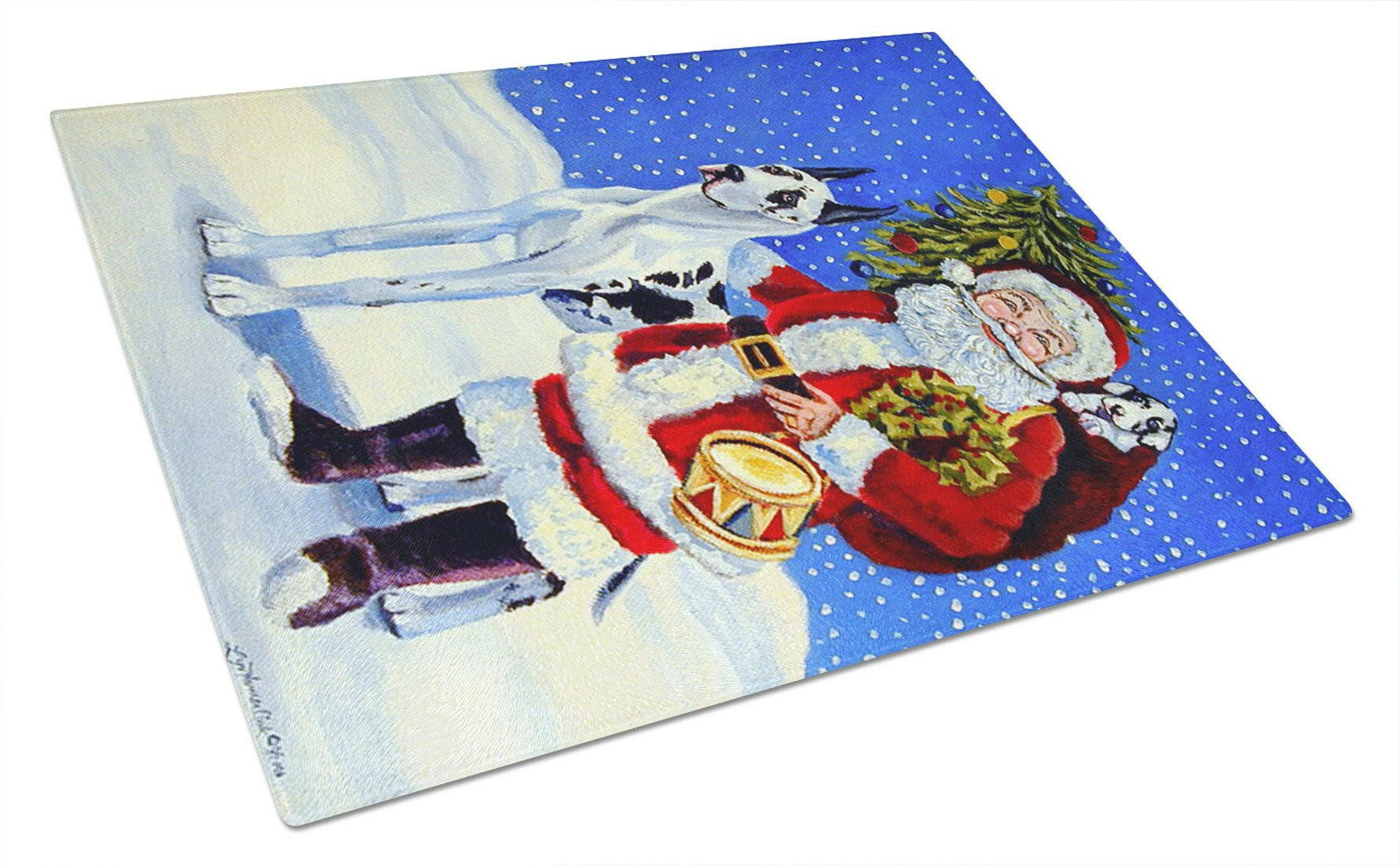 Harlequin Great Dane with Santa Claus Cutting Board Tempered Glass Kitchen Cutting Surface, Heat Resistant Chopping, Non-Slip Feet, Food Prep & Serving