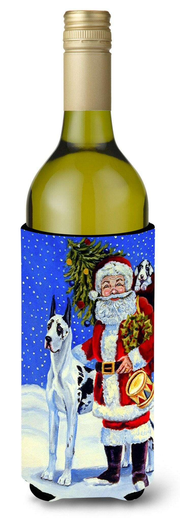 Harlequin Great Dane with Santa Claus Wine Bottle Hugger Gift Sleeve for Standard 750 ml Bottles, Insulated Reusable Also Fits Mini Shot & Pint Bottles